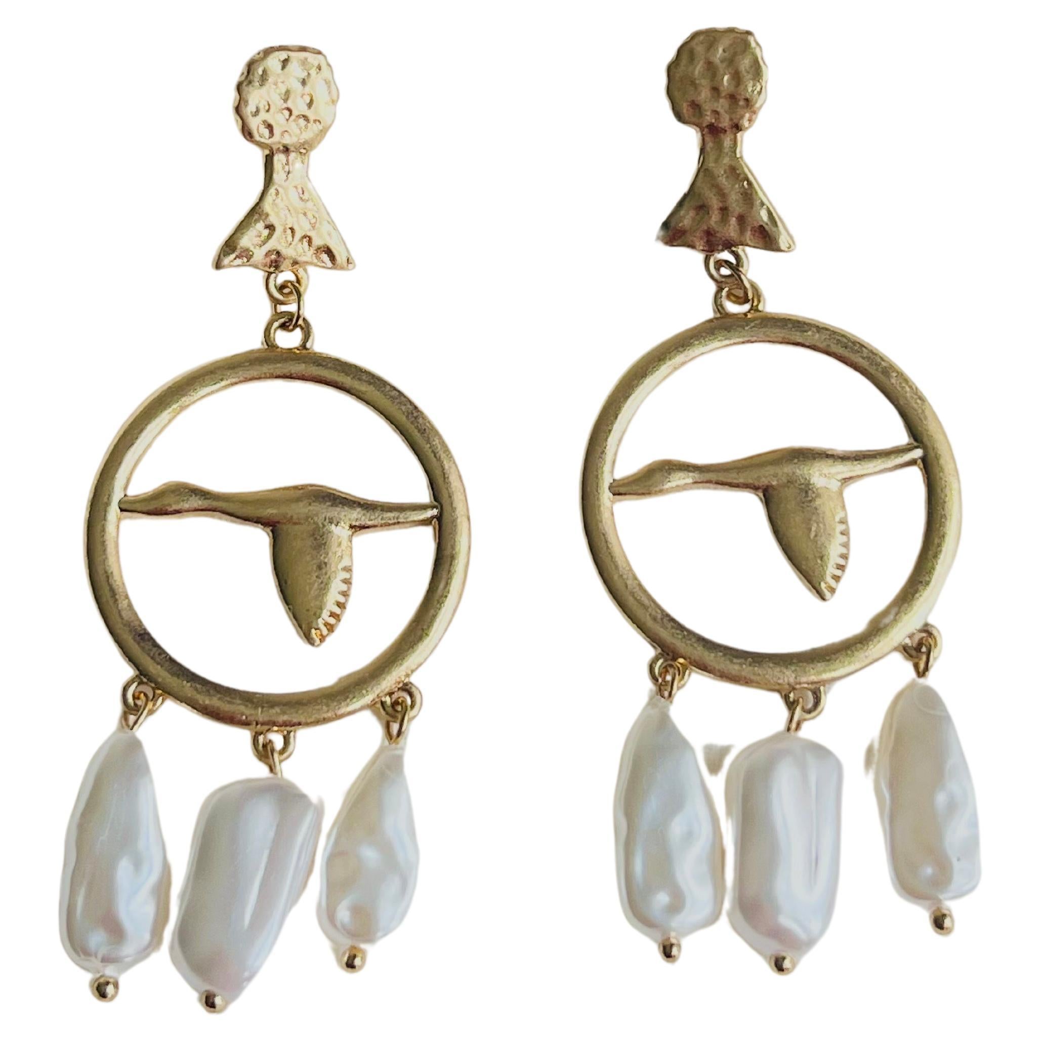 Large Swan Goose Openwork White Irregular Tassel Pearls Drop Pierced Earrings For Sale