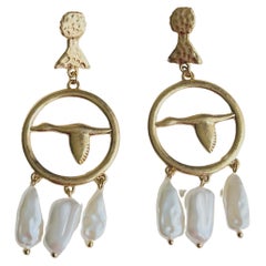 Vintage Large Swan Goose Openwork White Irregular Tassel Pearls Drop Pierced Earrings