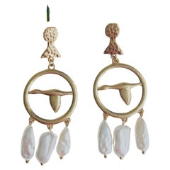 Large Swan Goose Openwork White Irregular Tassel Pearls Drop Pierced Earrings