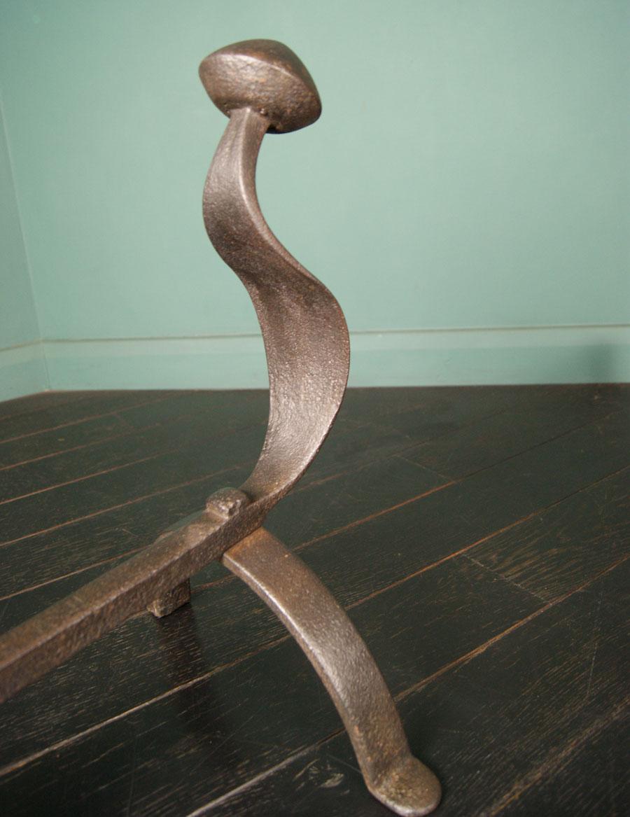 Medieval Large Swan-Neck Wrought Fireplace Andirons Fire Dogs For Sale