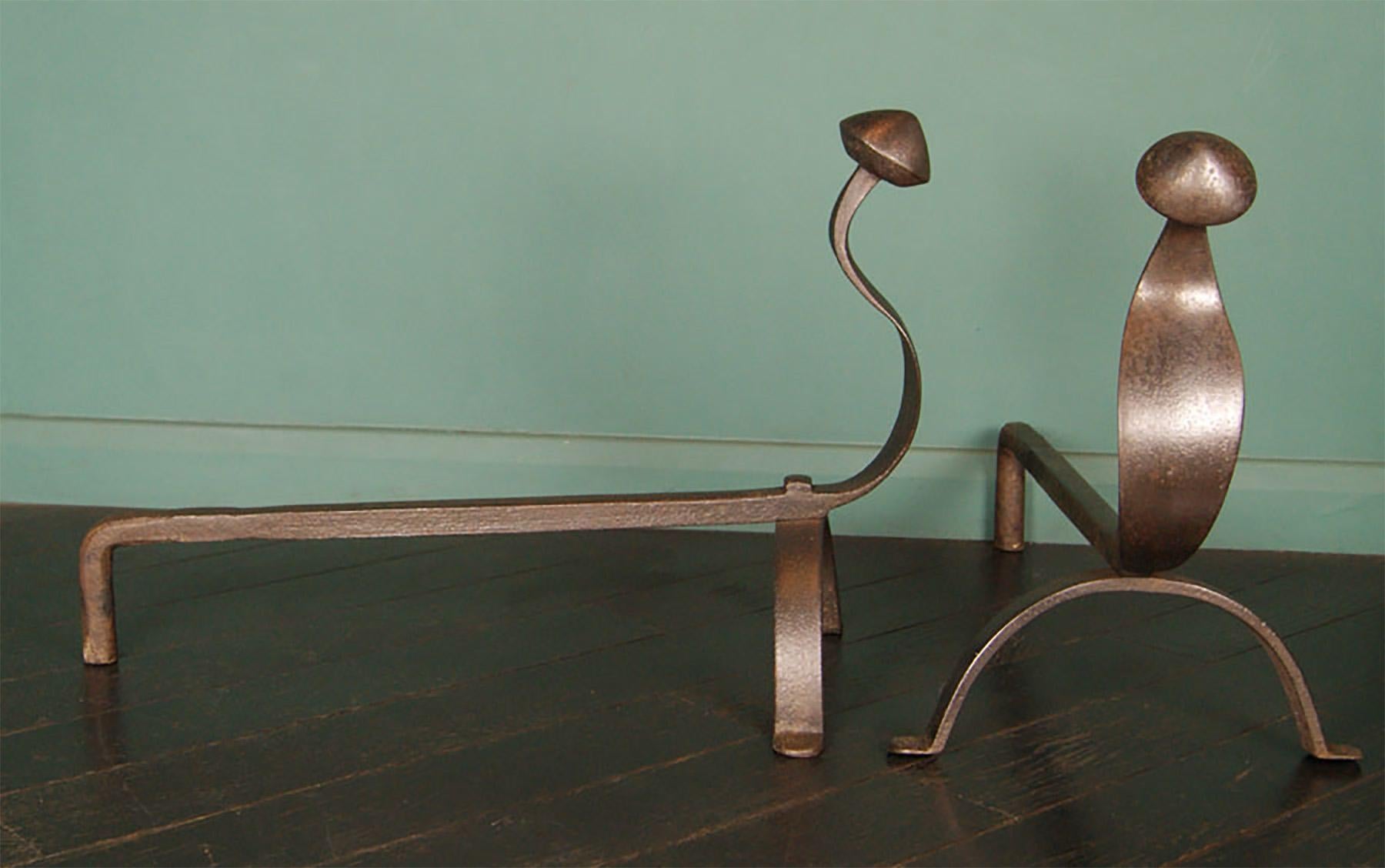 English Large Swan-Neck Wrought Fireplace Andirons Fire Dogs For Sale