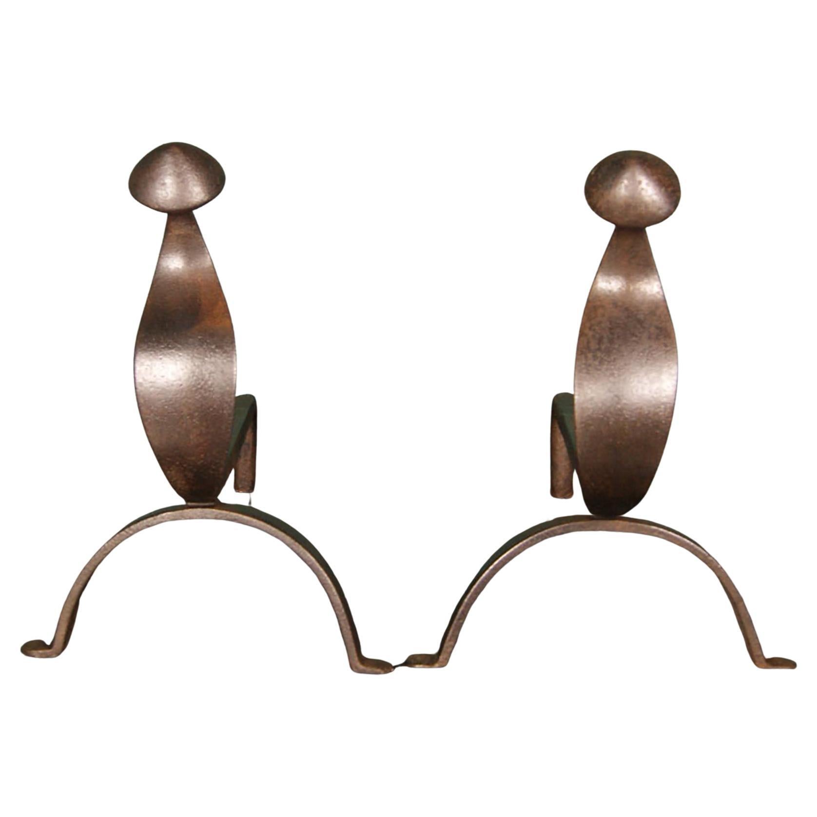 Large Swan-Neck Wrought Fireplace Andirons Fire Dogs