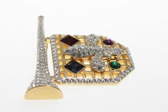 Large Swarovski Fleur-de-lis Shield and Trumpet Horn Flag Brooch