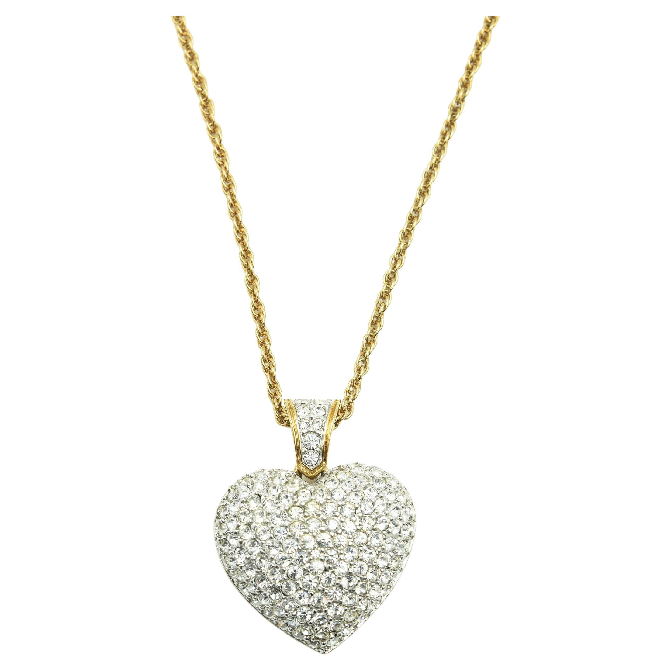 Large Swarovski Pavé Crystal Puffy Heart Pendant Necklace - Signed For Sale