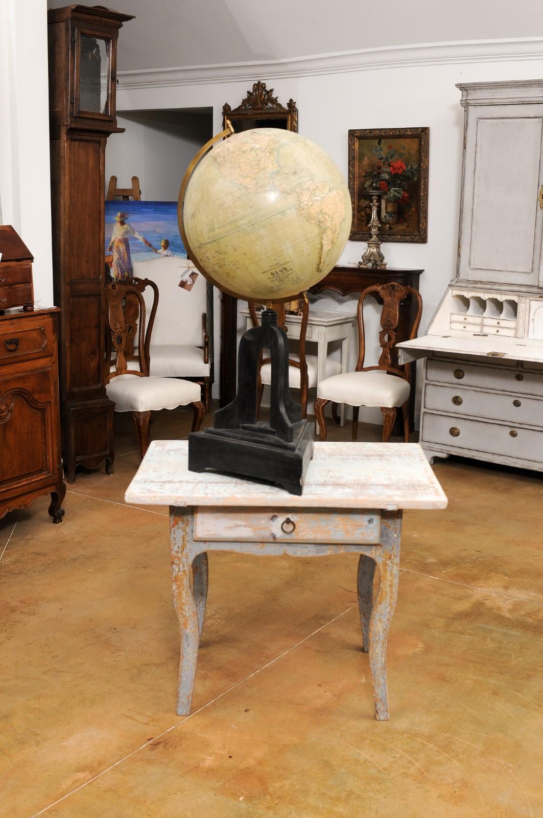 Large Swedish 1910s Freestanding Terrestrial Globe on Black Carved Base For Sale 2