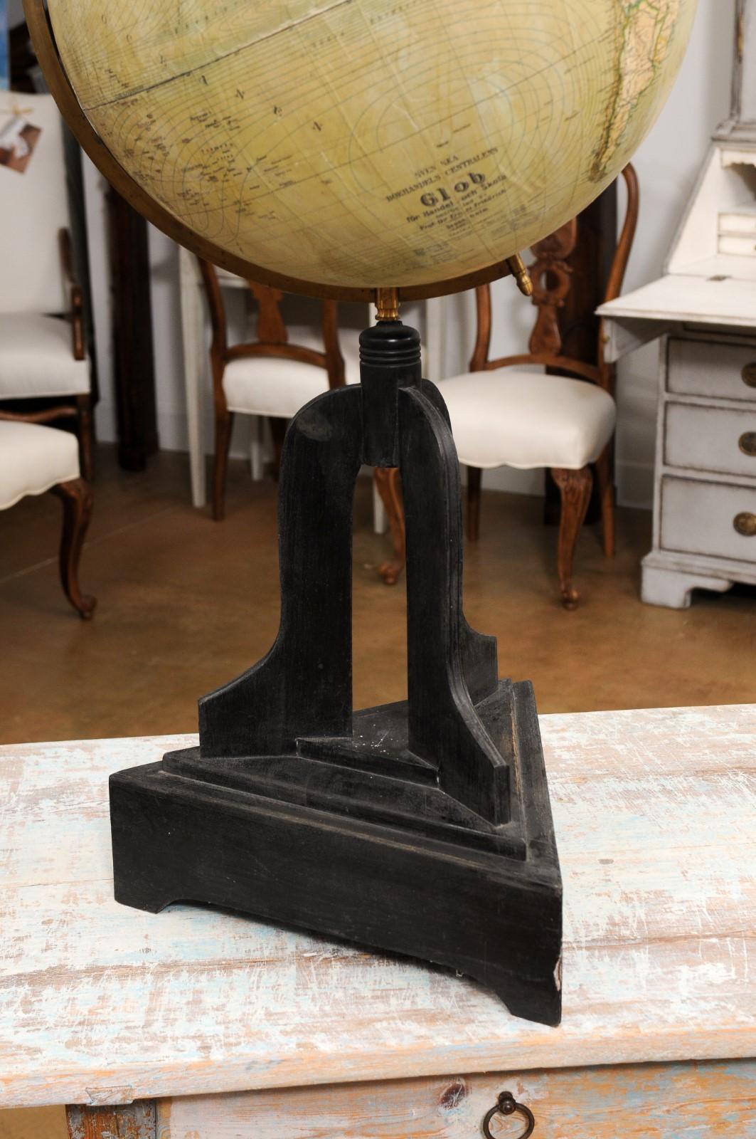 Large Swedish 1910s Freestanding Terrestrial Globe on Black Carved Base For Sale 3