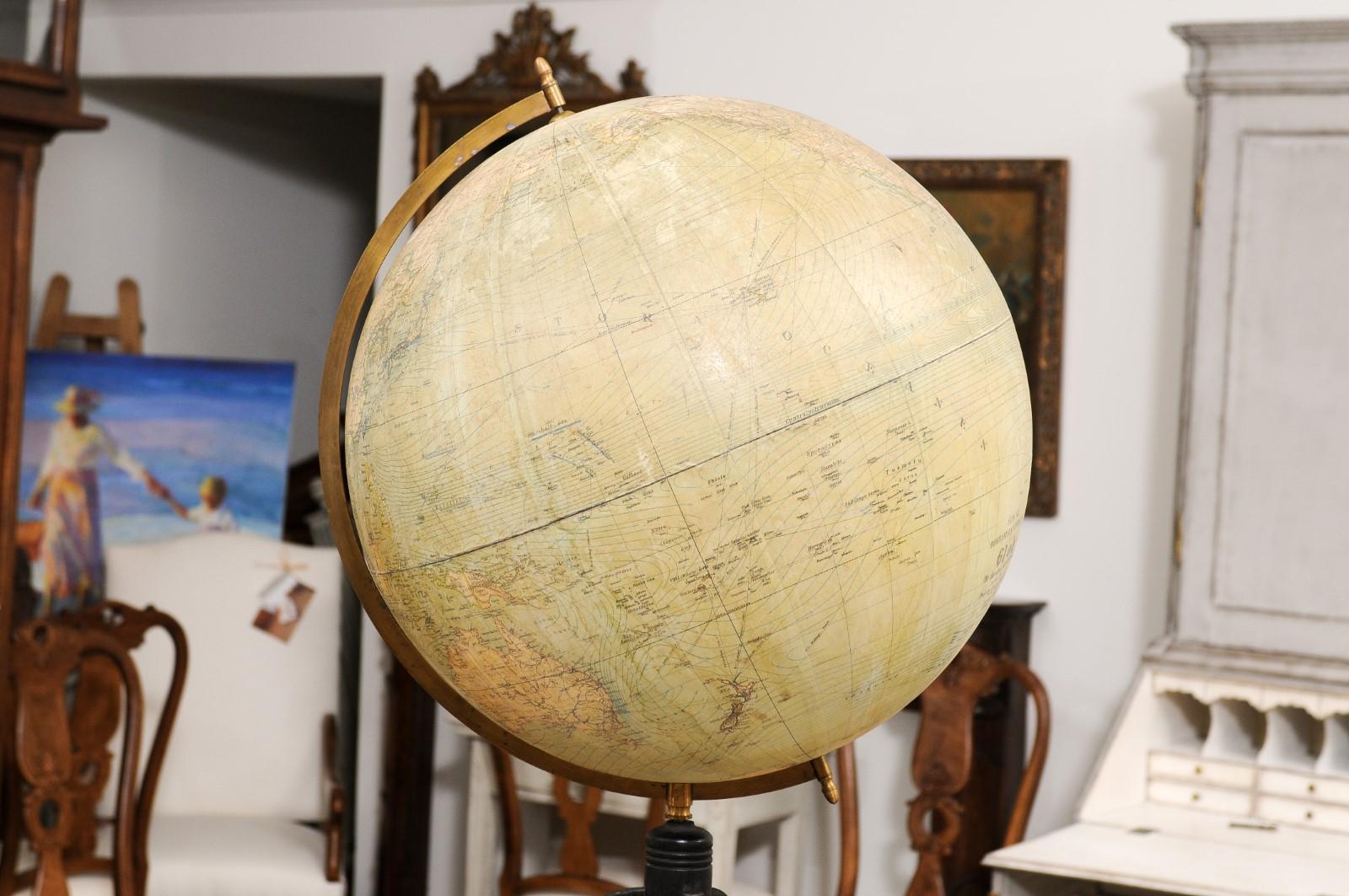 Large Swedish 1910s Freestanding Terrestrial Globe on Black Carved Base For Sale 5