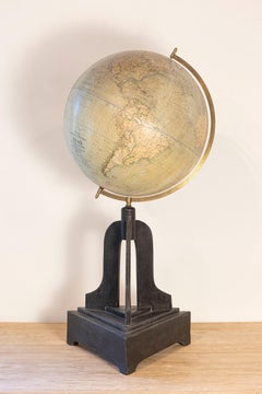 Large Swedish 1910s Freestanding Terrestrial Globe on Black Carved Base