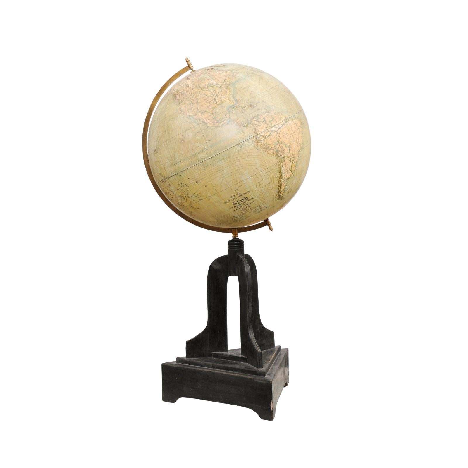 Metal Large Swedish 1910s Freestanding Terrestrial Globe on Black Carved Base For Sale