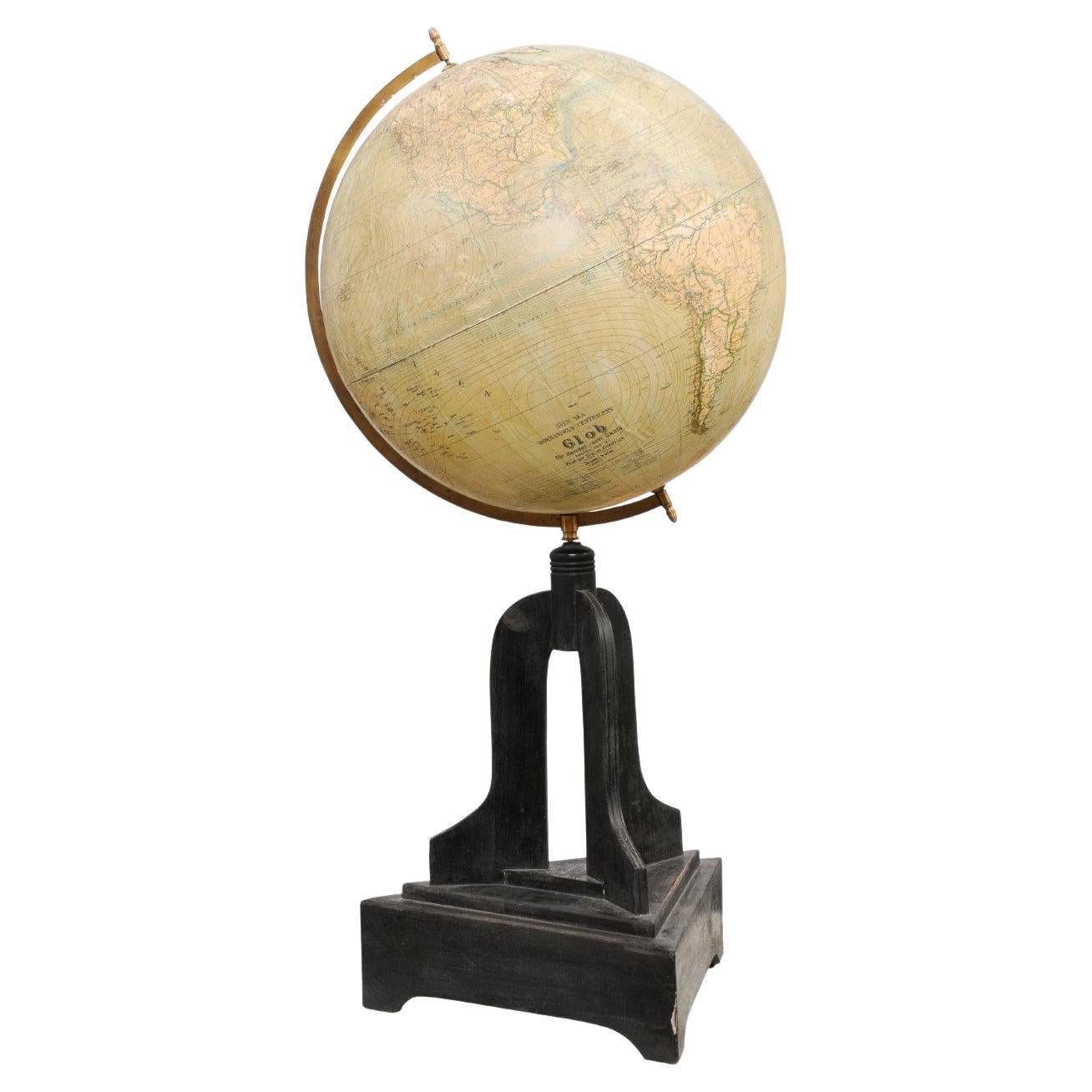 Large Swedish 1910s Freestanding Terrestrial Globe on Black Carved Base