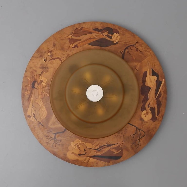 Large Art Deco inlaid flush ceiling light created in Sweden in the 1930s by Birger Ekman for Mjölby Intarsia. Fitted with six E27 sockets.