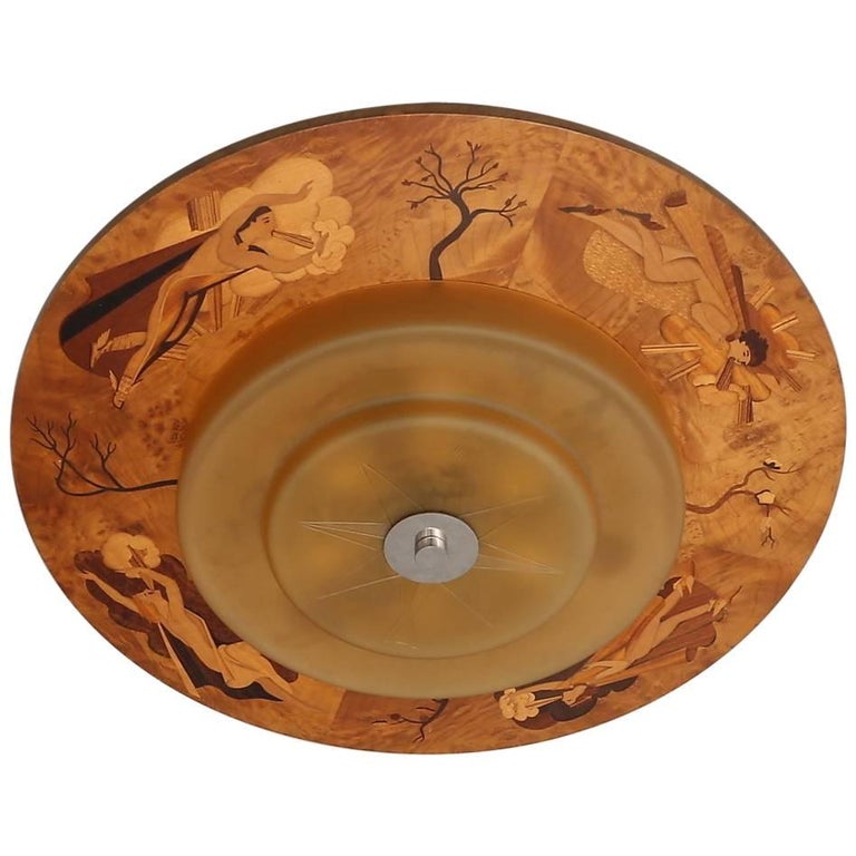 Large Swedish Art Deco Flush Ceiling Light "the Four Winds" Mjölby Intarsia For Sale