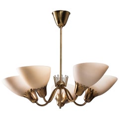 Large Swedish Brass Chandelier with Five Opaline Cream Glass Shades, ASEA