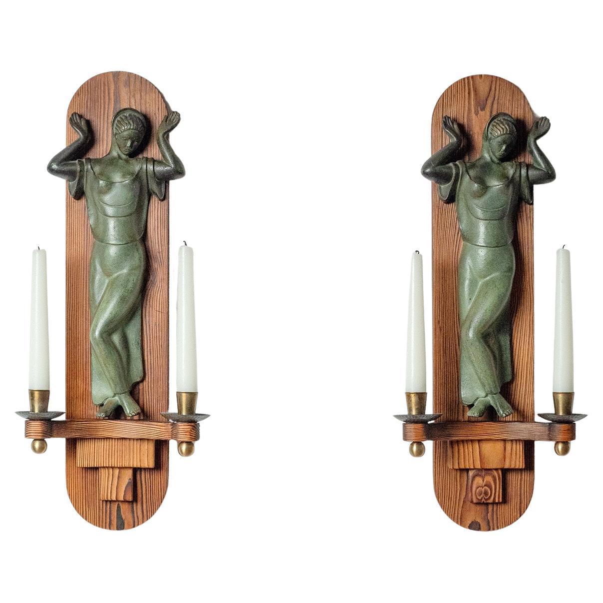 Grandes appliques à bougie suédoises en bronze et en pin, années 1930