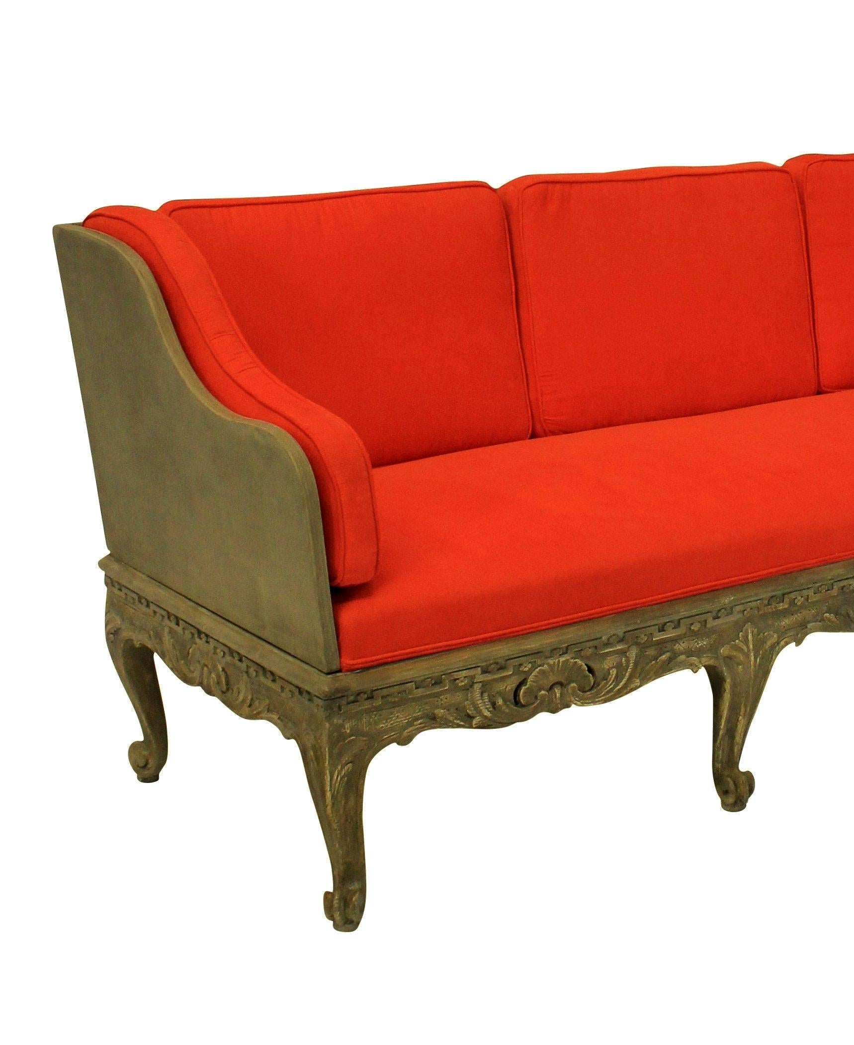 Early 20th Century Large Swedish Carved and Painted Settee in Orange Corduroy