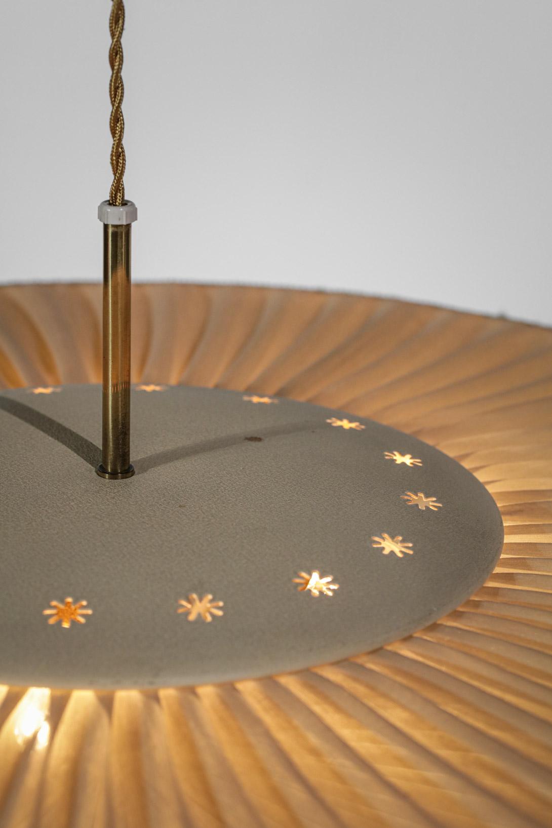 Mid-20th Century Large Swedish Ceiling Lamp 50's Fall in Fabric & Brass Style of Paavo Tynell