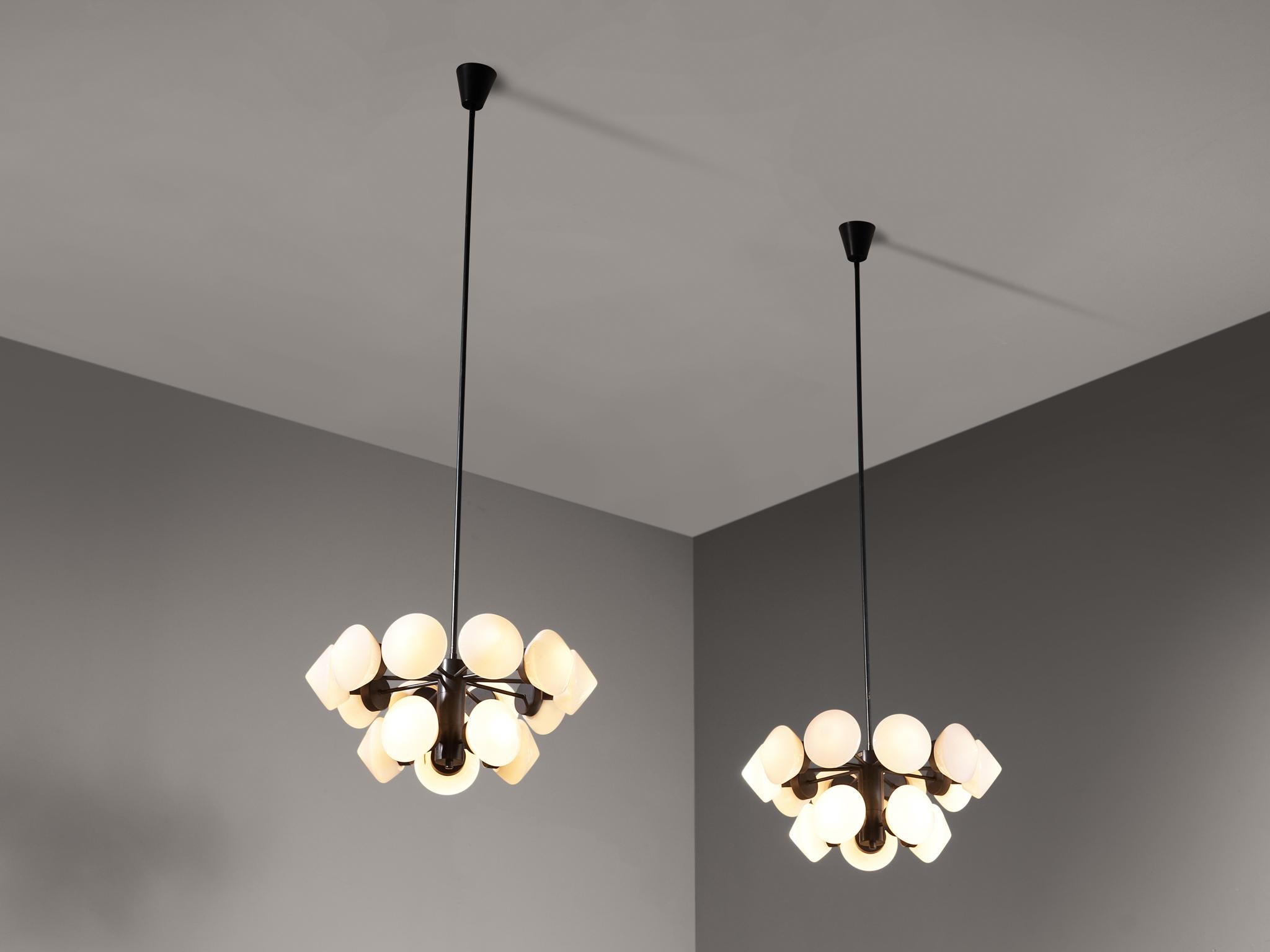 Mid-20th Century Large Swedish Chandelier in Metal and 15 Opaline Glass Shades