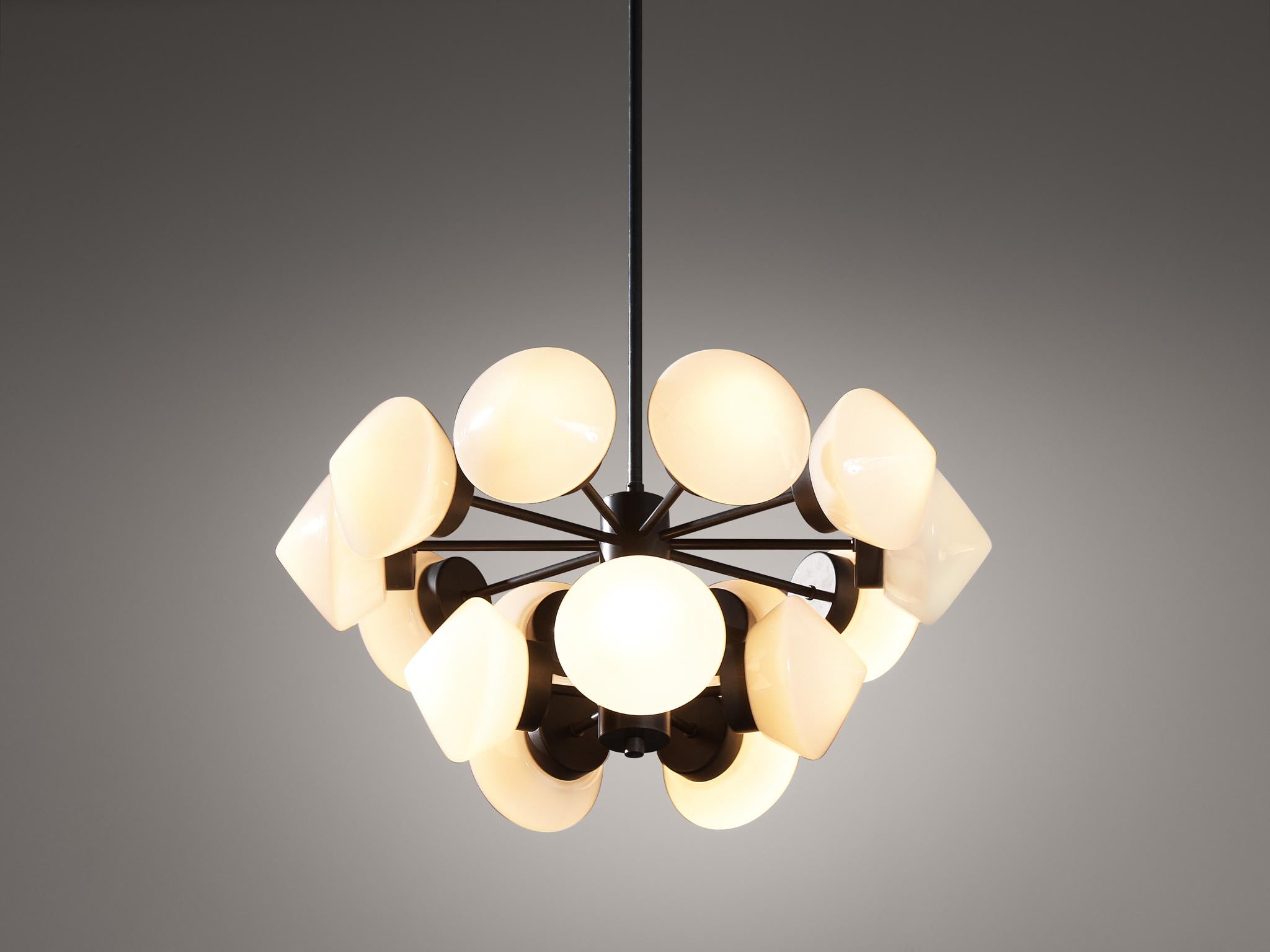 Mid-20th Century Large Swedish Chandelier in Metal and 15 Opaline Glass Shades