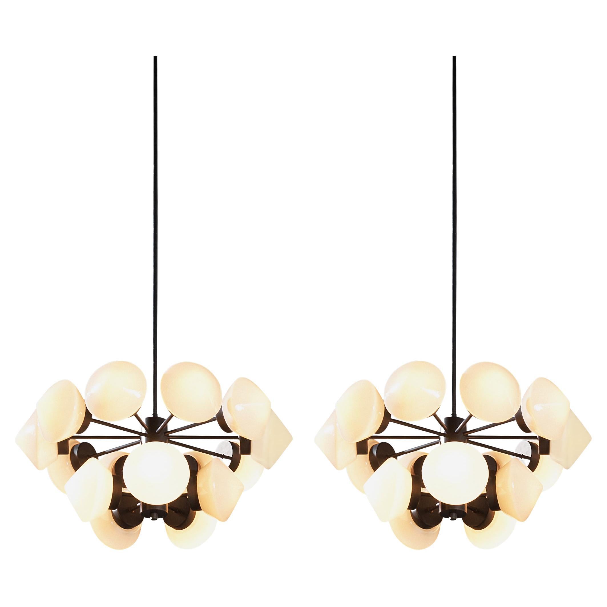 Large Swedish Chandelier in Metal and 15 Opaline Glass Shades