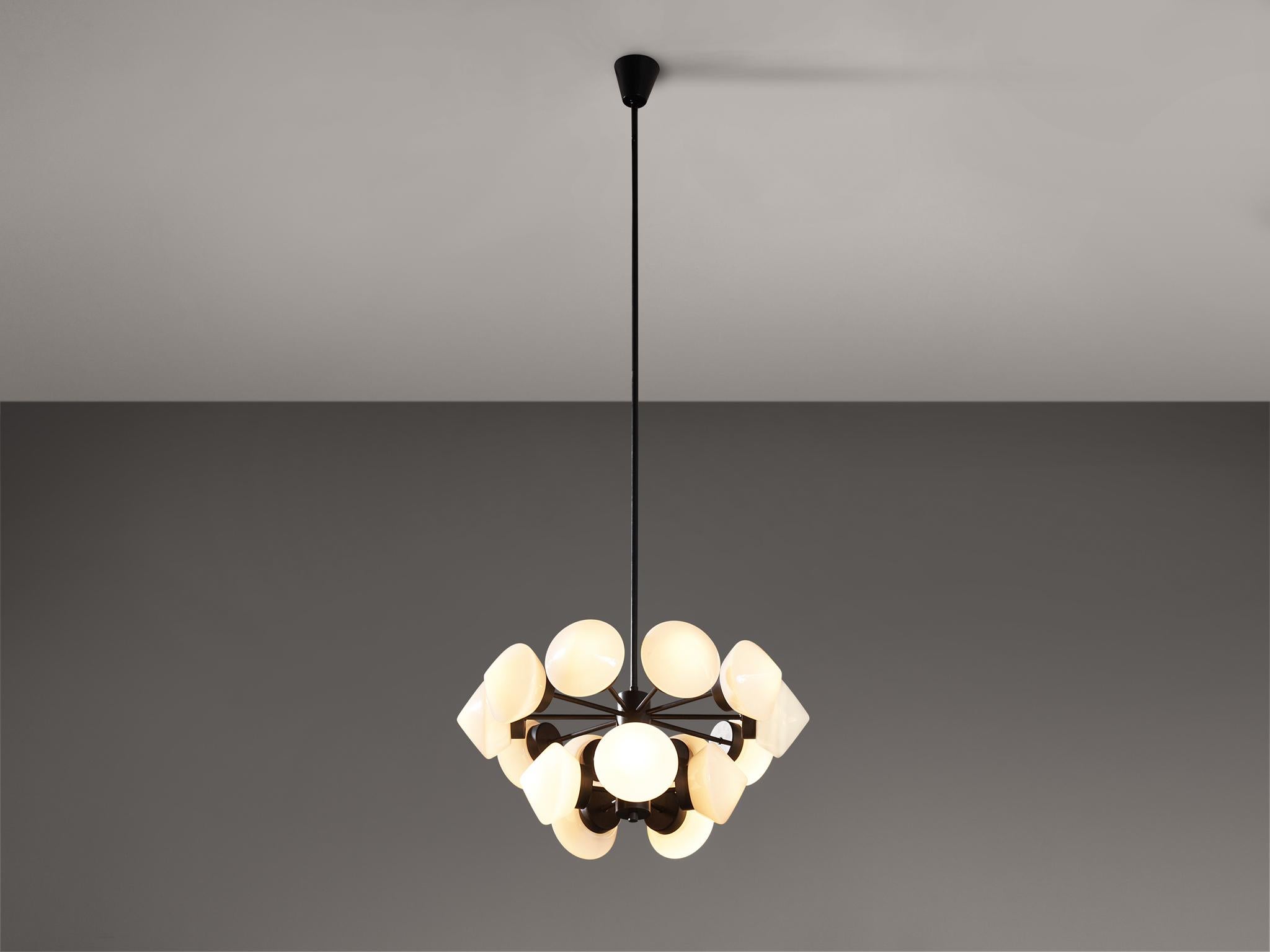 Mid-20th Century Large Swedish Chandelier in Metal and Opaline Glass Shades  For Sale