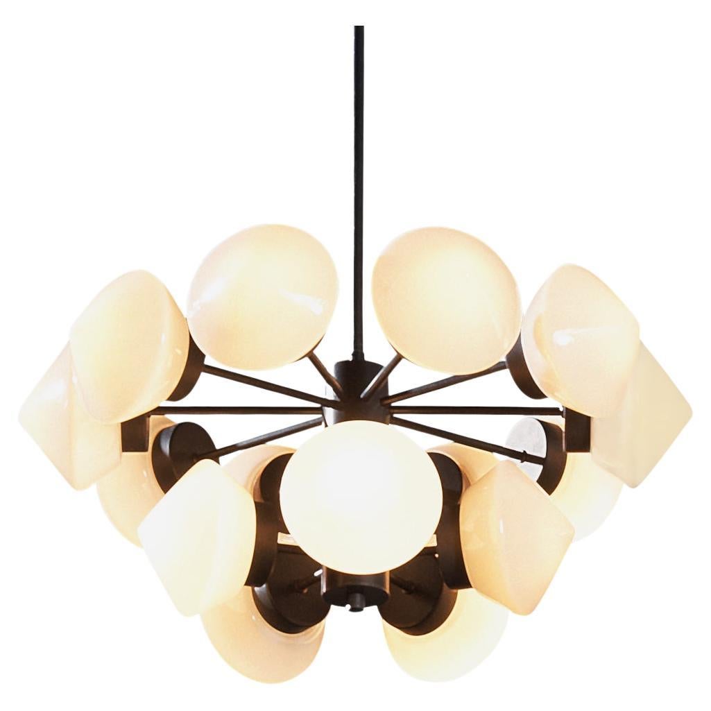 Large Swedish Chandelier in Metal and Opaline Glass Shades  For Sale