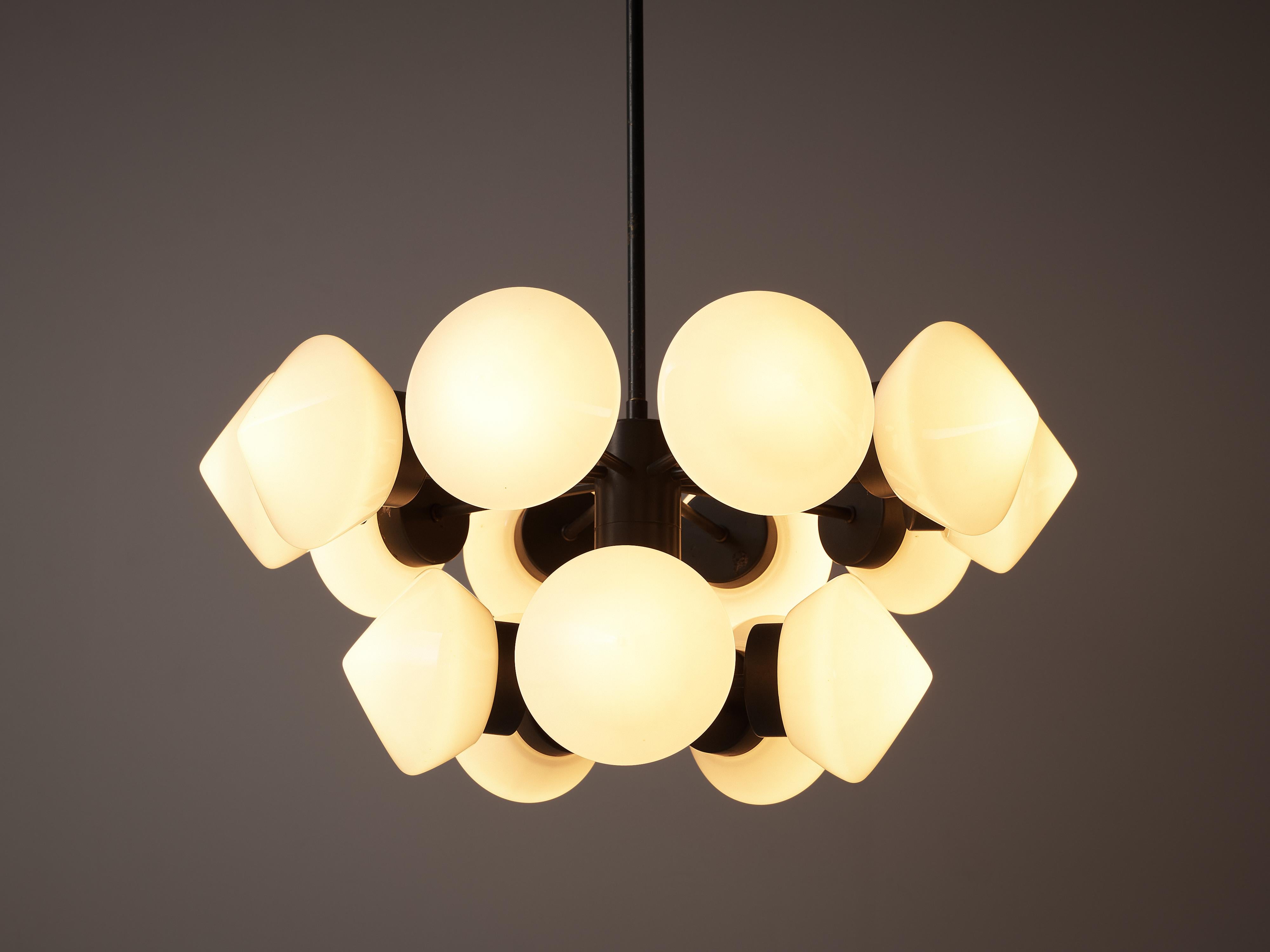 Mid-20th Century Large Swedish Chandeliers in Metal and 15 Opaline Glass Shades