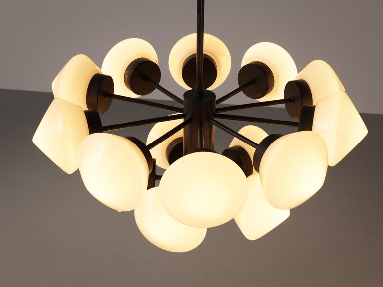 Mid-20th Century Large Swedish Chandeliers in Metal and 15 Opaline Glass Shades For Sale