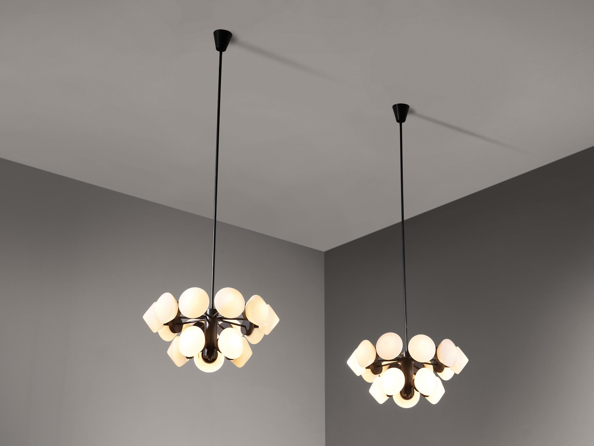 Mid-20th Century Large Swedish Chandeliers in Metal and Opaline Glass Shades 