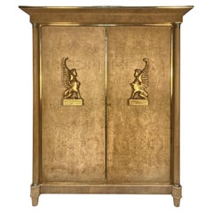 Large Swedish Empire Revival Cupboard In Bleached Birds Eye Maple & Brass