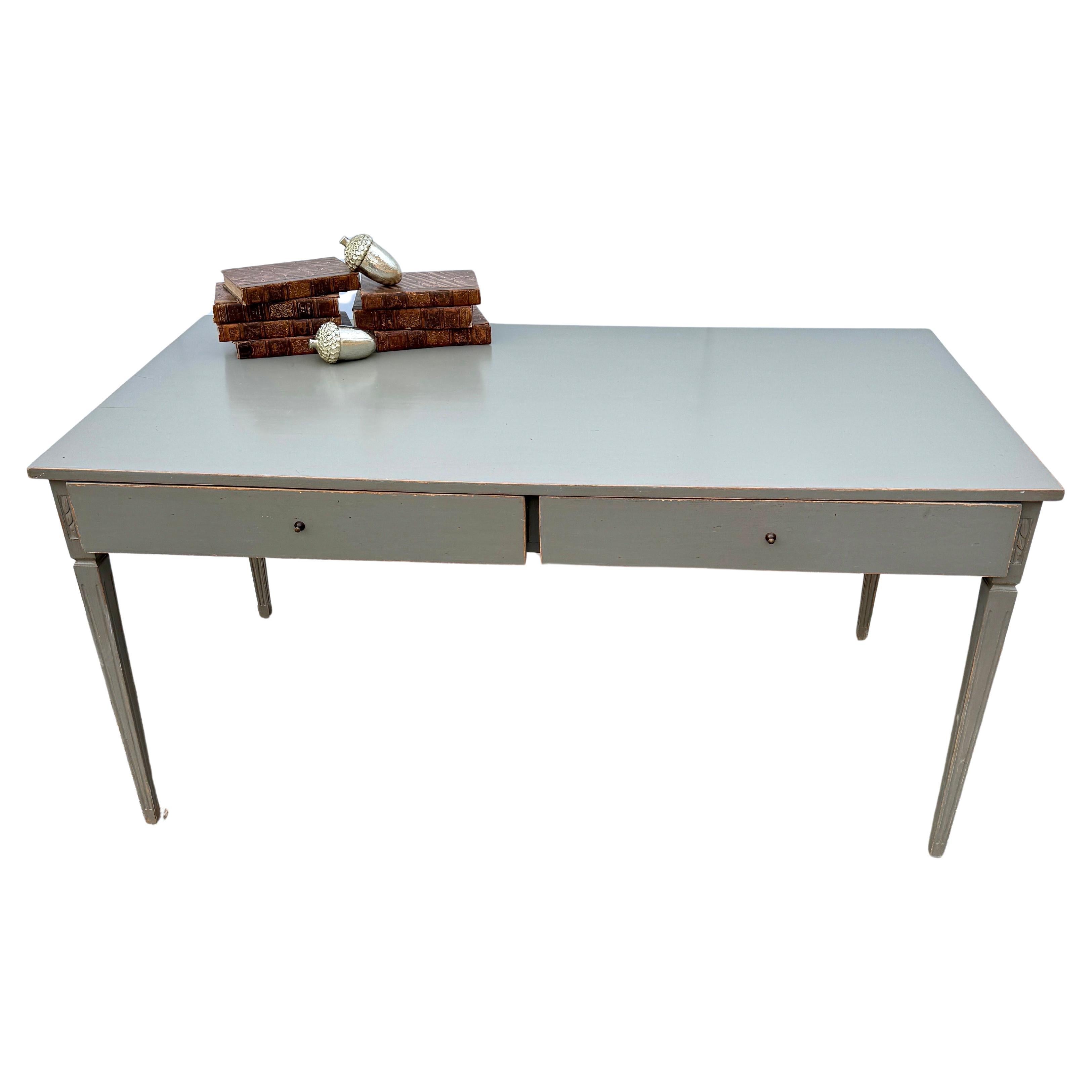 Large Swedish Greige Gustavian Style Two Drawer Writing Desk For Sale 5