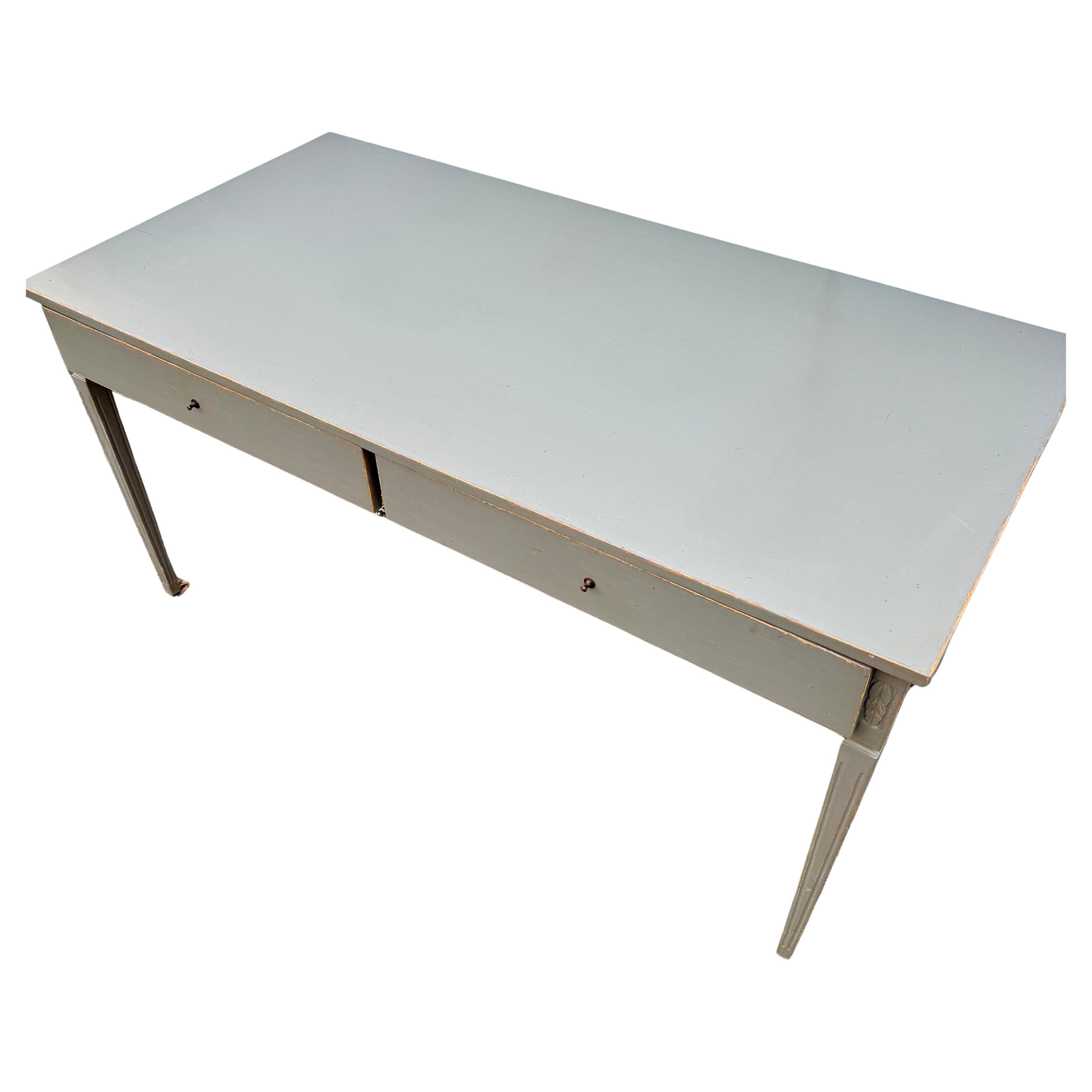 Contemporary Large Swedish Greige Gustavian Style Two Drawer Writing Desk For Sale