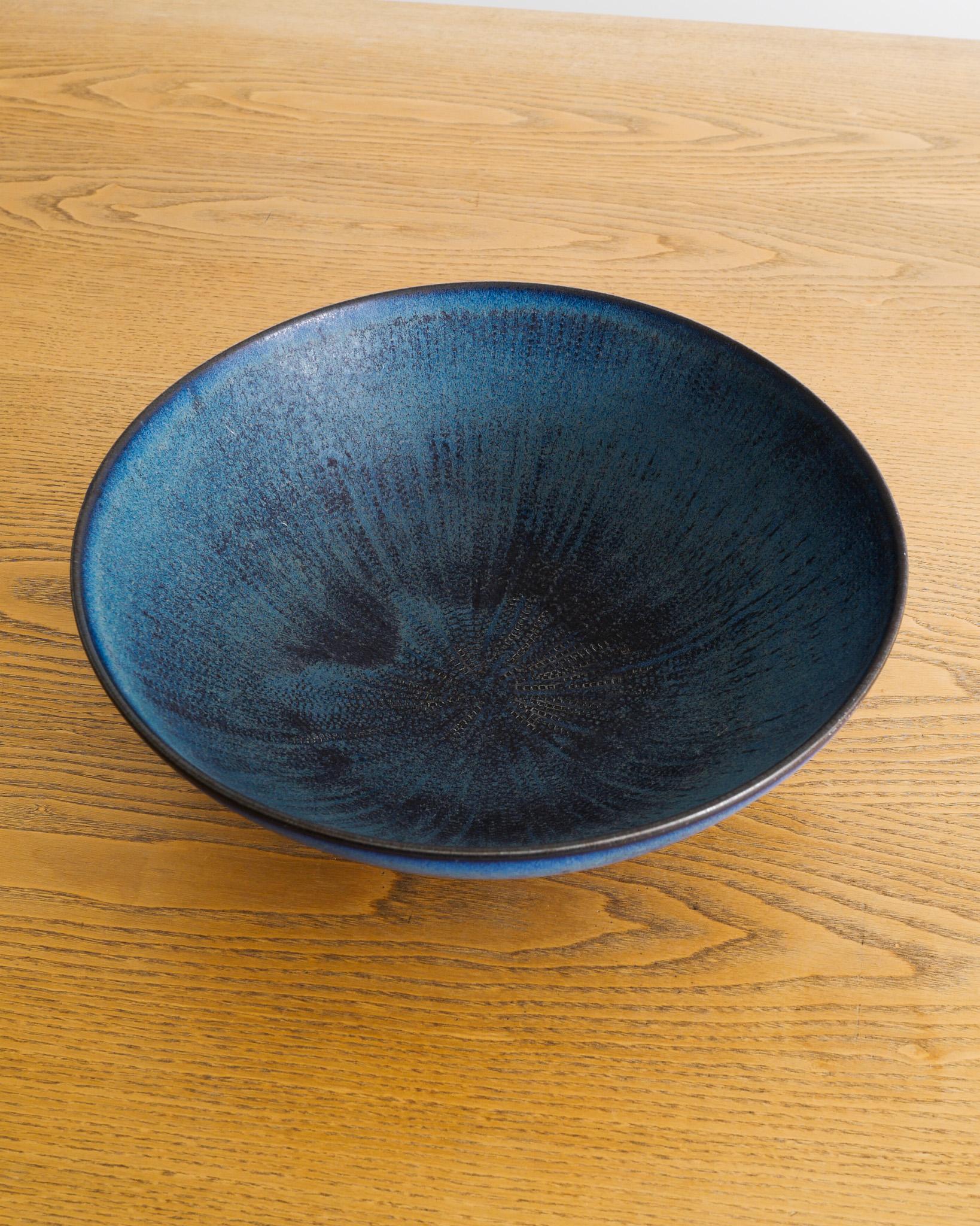 Mid-20th Century Large Swedish Mid Century Blue Stoneware Bowl by Stig Lindberg for Gustavsberg For Sale