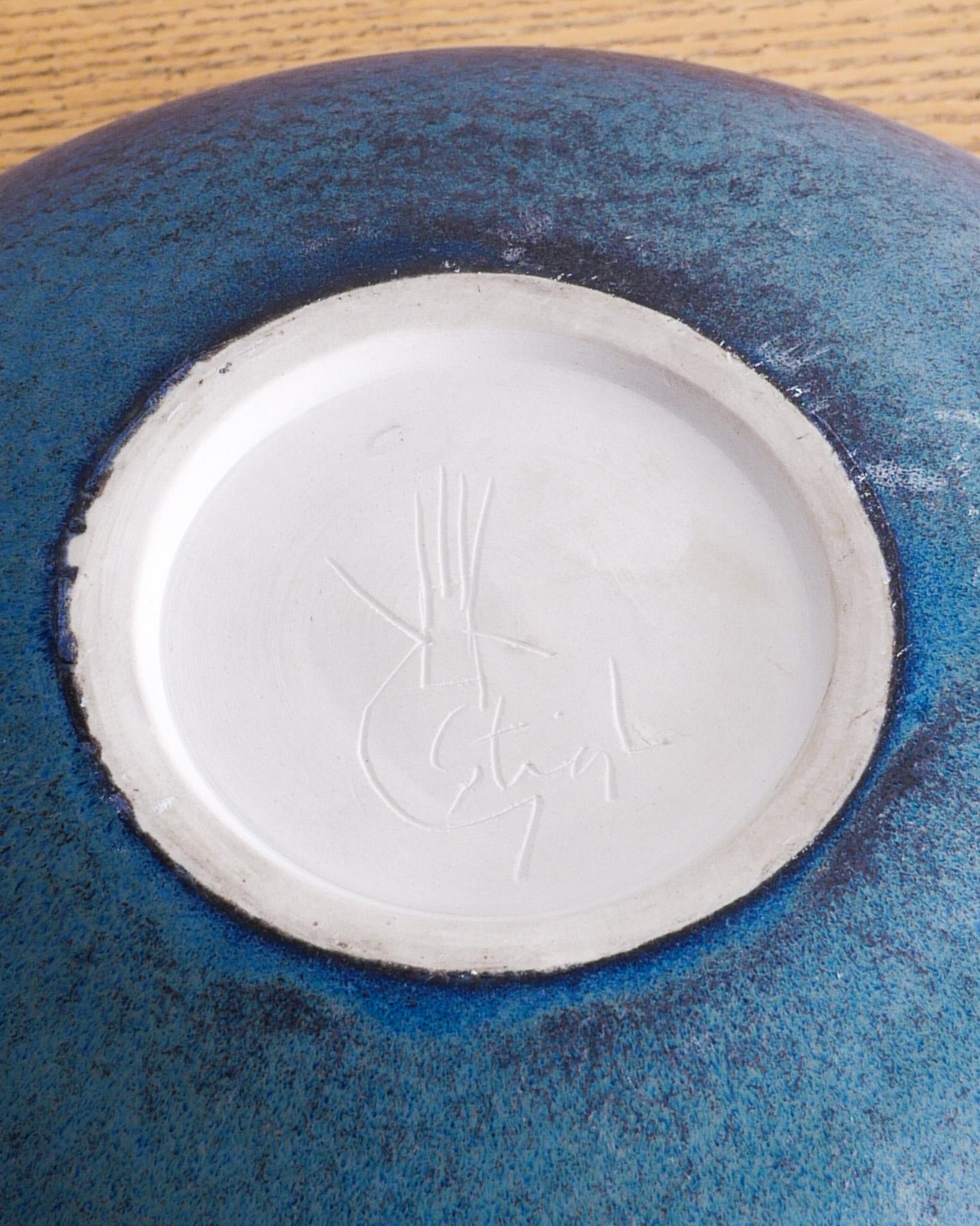 Large Swedish Mid Century Blue Stoneware Bowl by Stig Lindberg for Gustavsberg For Sale 2