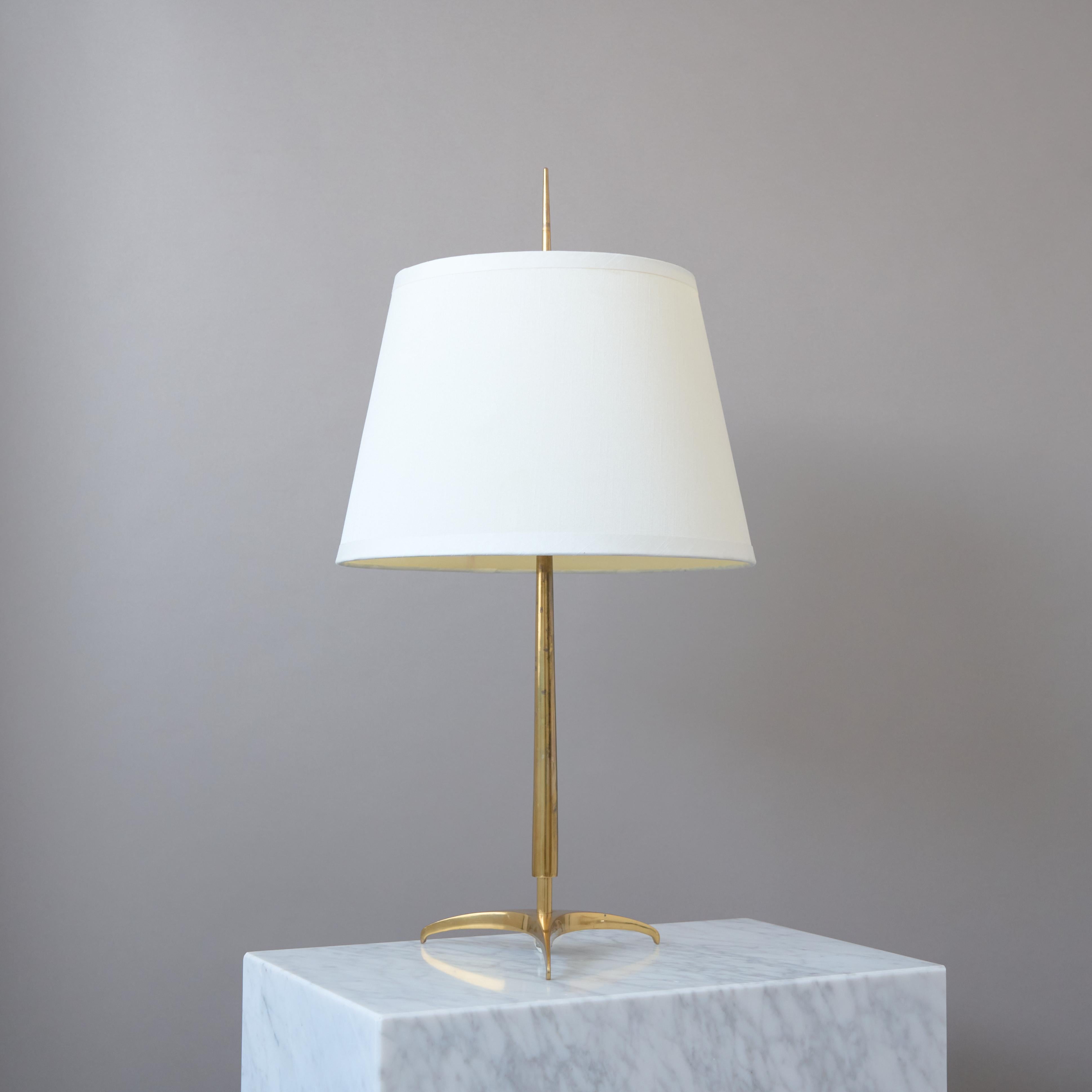 Fabric Large Swedish Mid-Century CeBe ASEA Brass Table Lamp w. Original Shade, 1950s For Sale