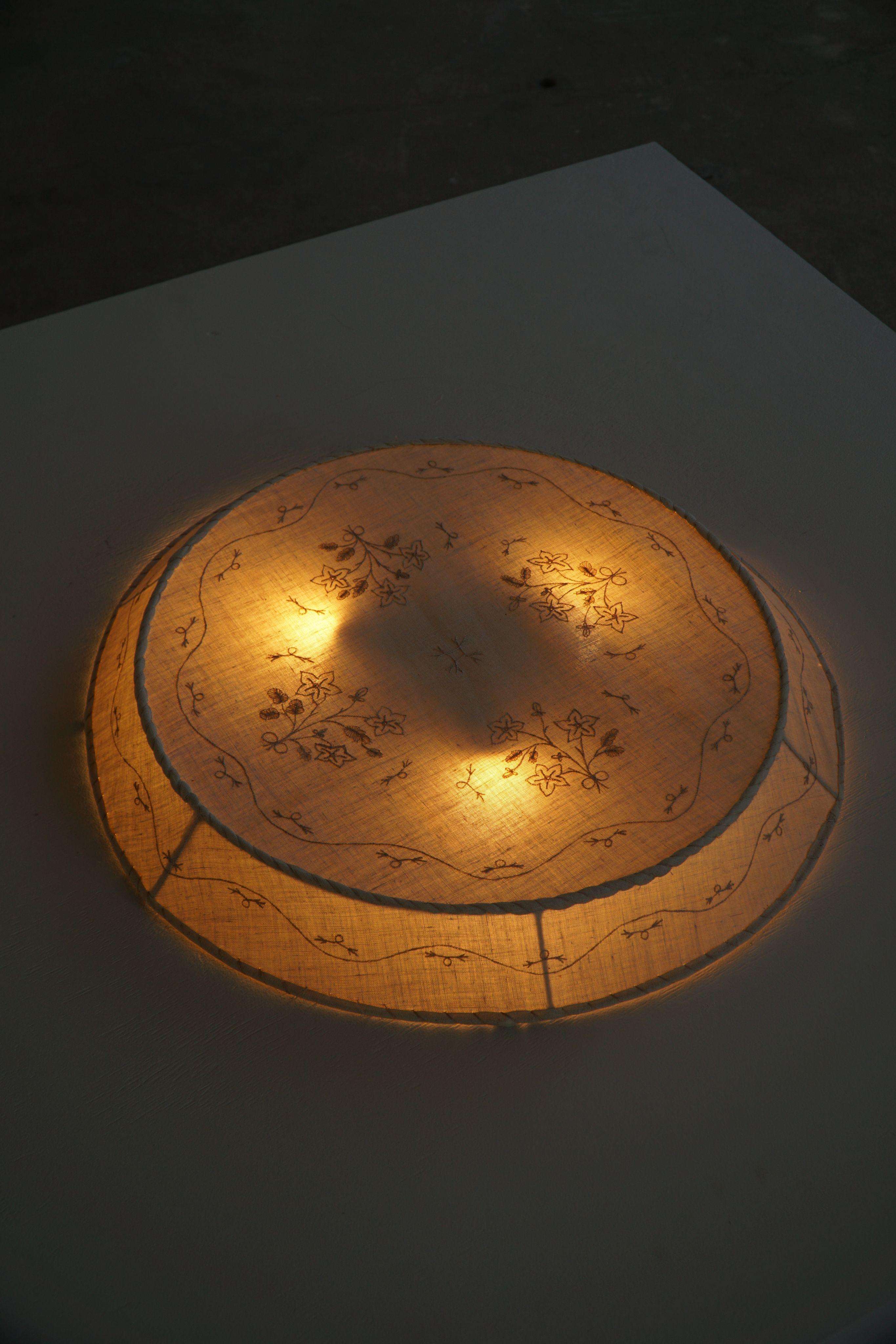 Hand-Crafted Large Swedish Mid Century Ceiling / Wall Sconce in Linen and Lace, Sweden, 1950s For Sale