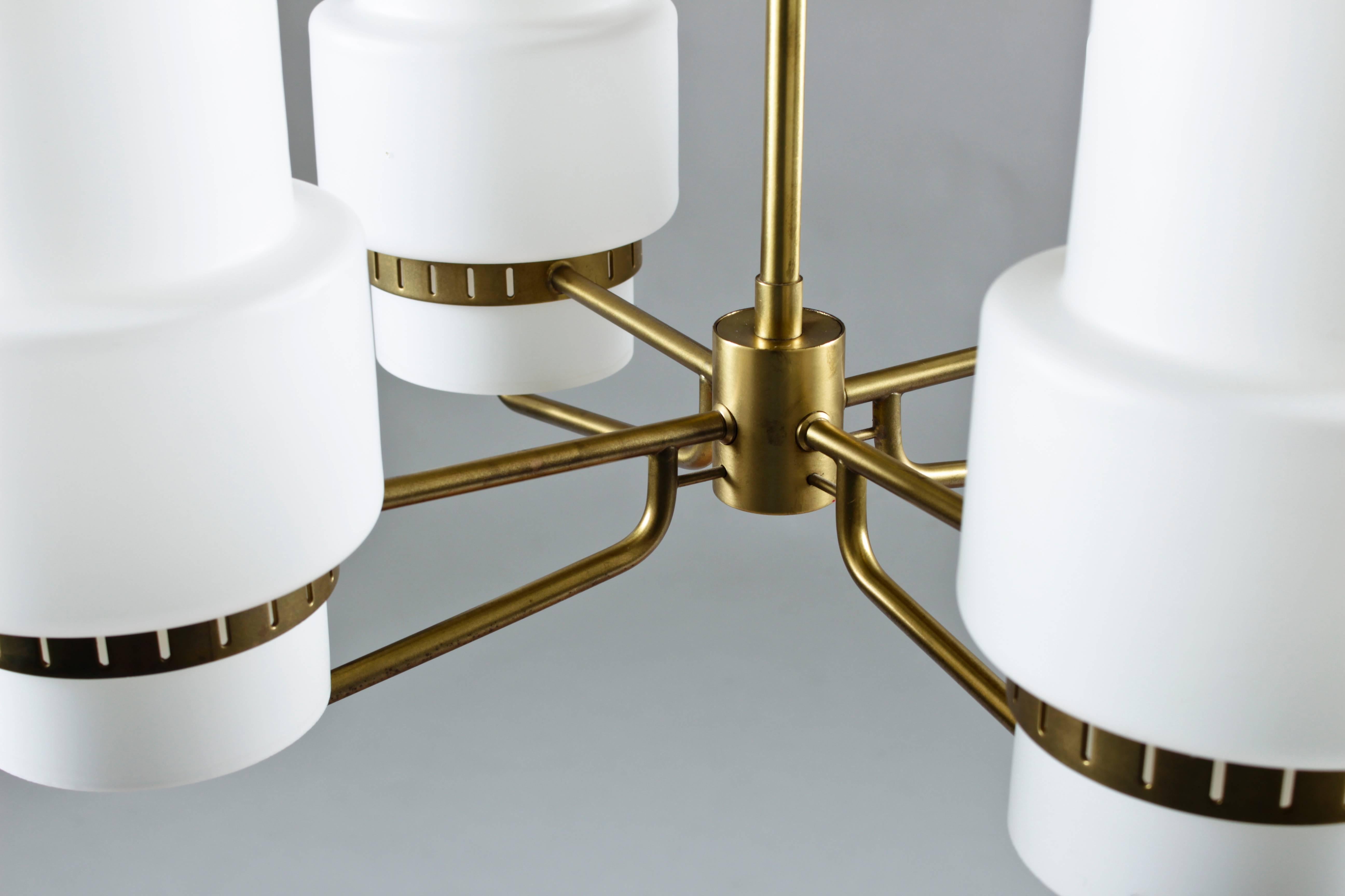 Large Swedish Midcentury Chandeliers in Brass and Frosted Opaline Glass 5