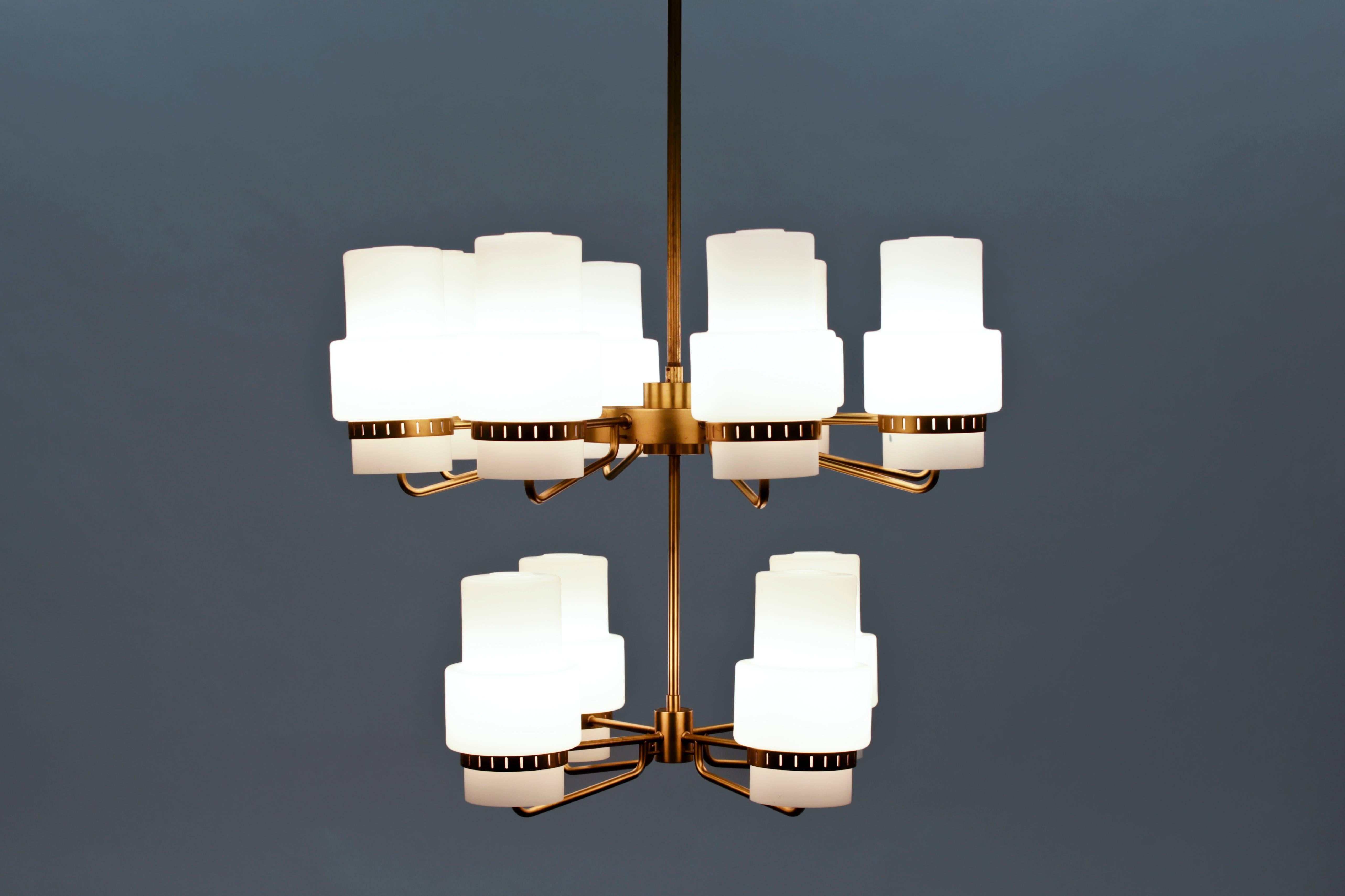 Large Swedish Midcentury Chandeliers in Brass and Frosted Opaline Glass 6