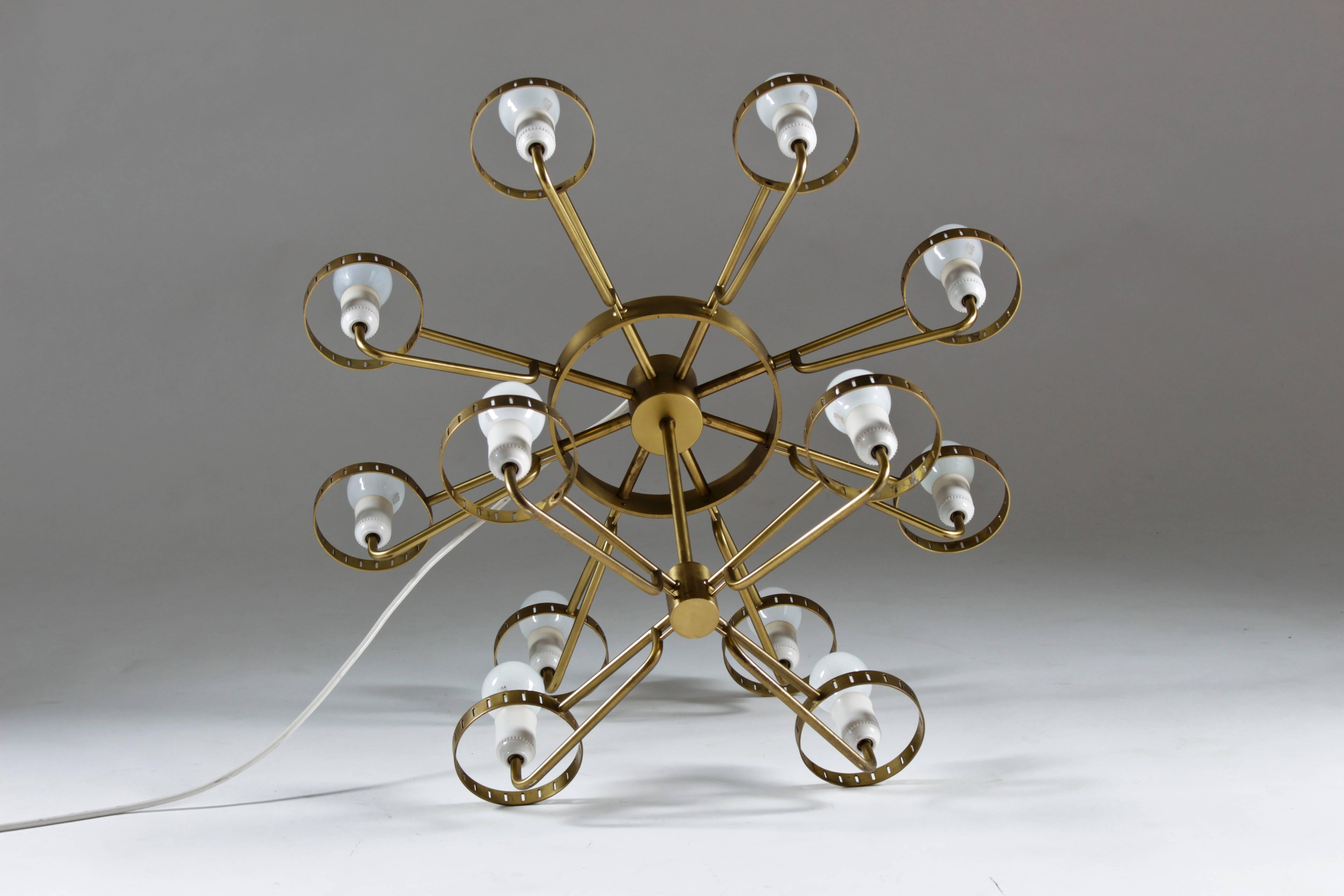Large Swedish Midcentury Chandeliers in Brass and Frosted Opaline Glass 7