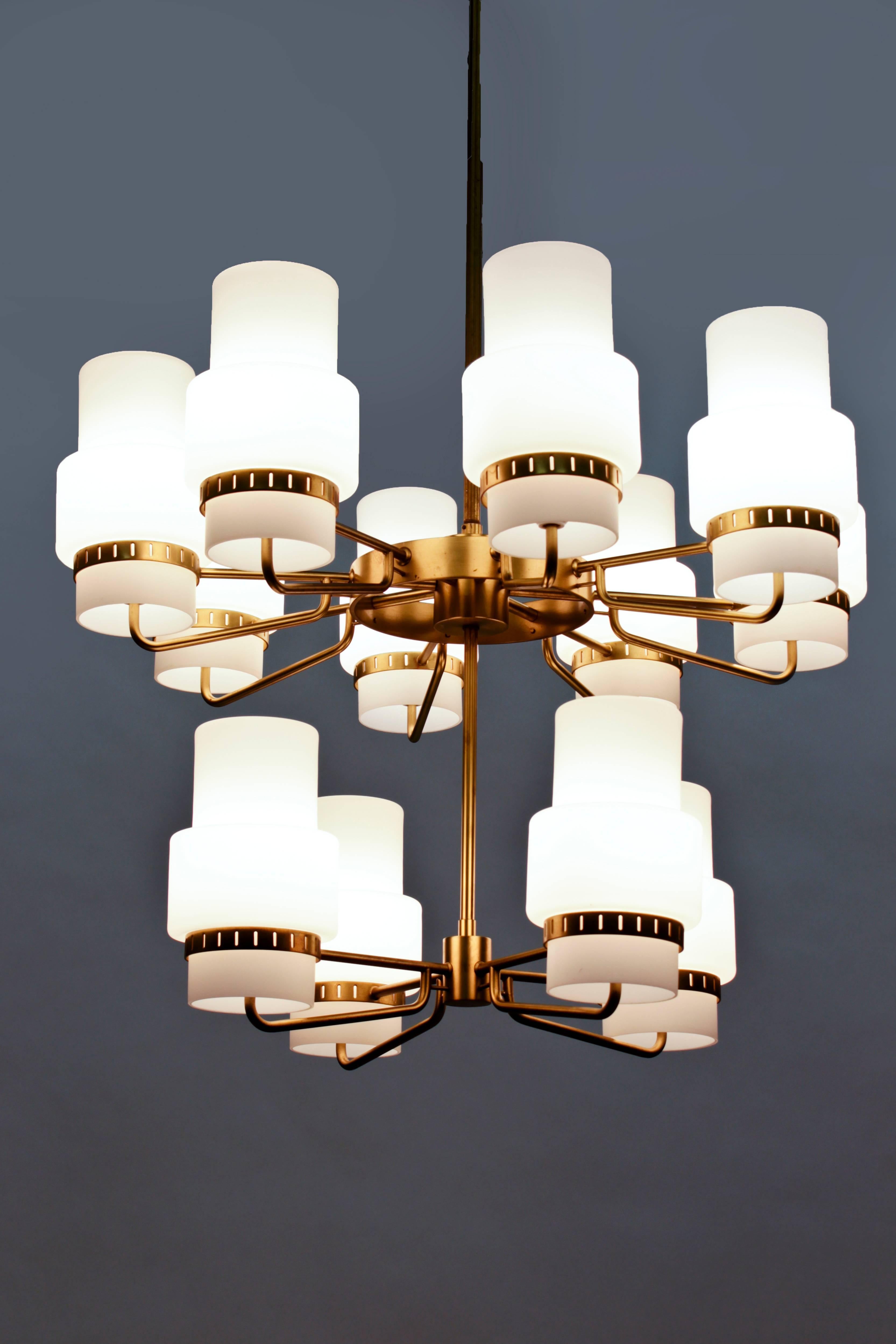 Mid-Century Modern Large Swedish Midcentury Chandeliers in Brass and Frosted Opaline Glass