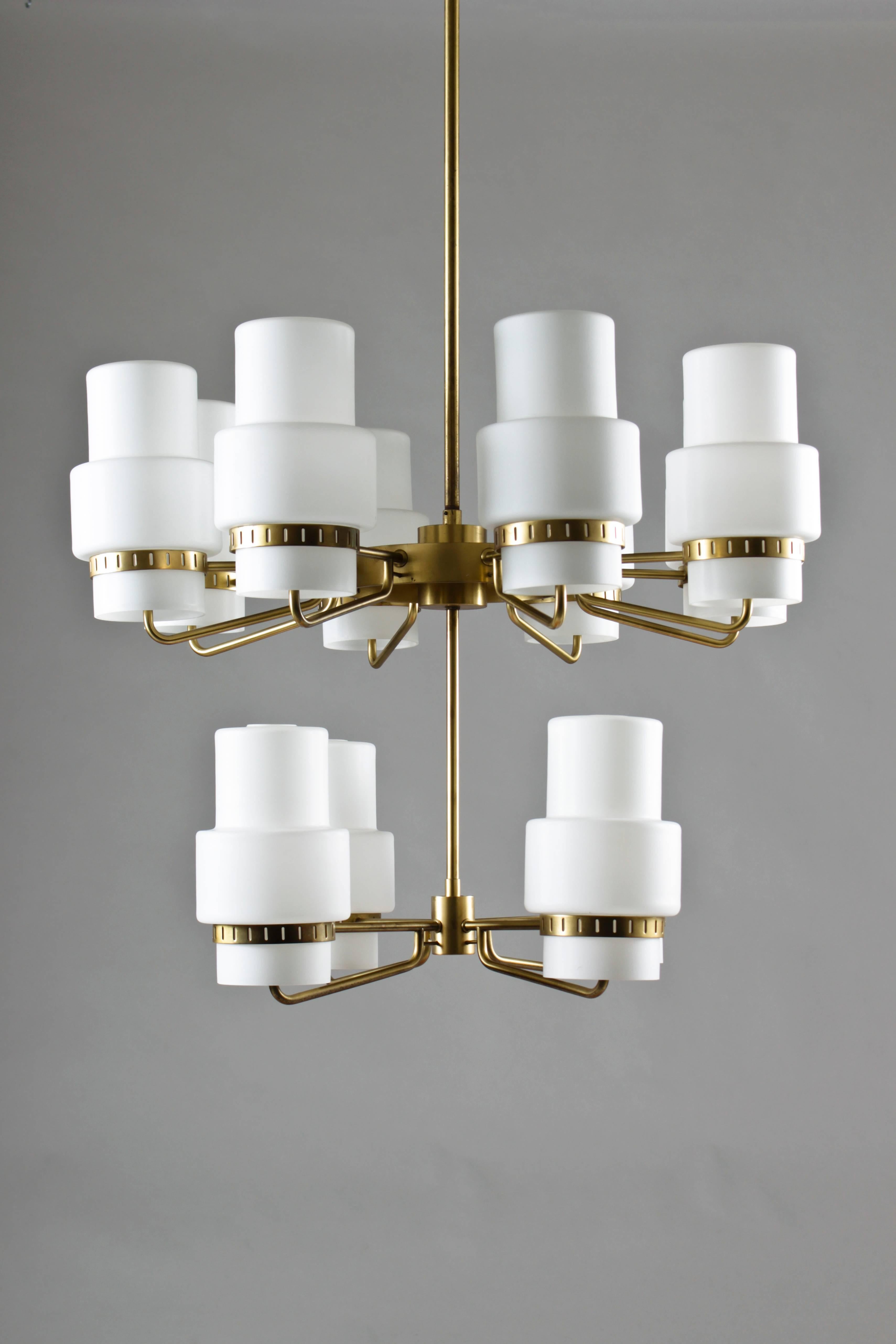 20th Century Large Swedish Midcentury Chandeliers in Brass and Frosted Opaline Glass