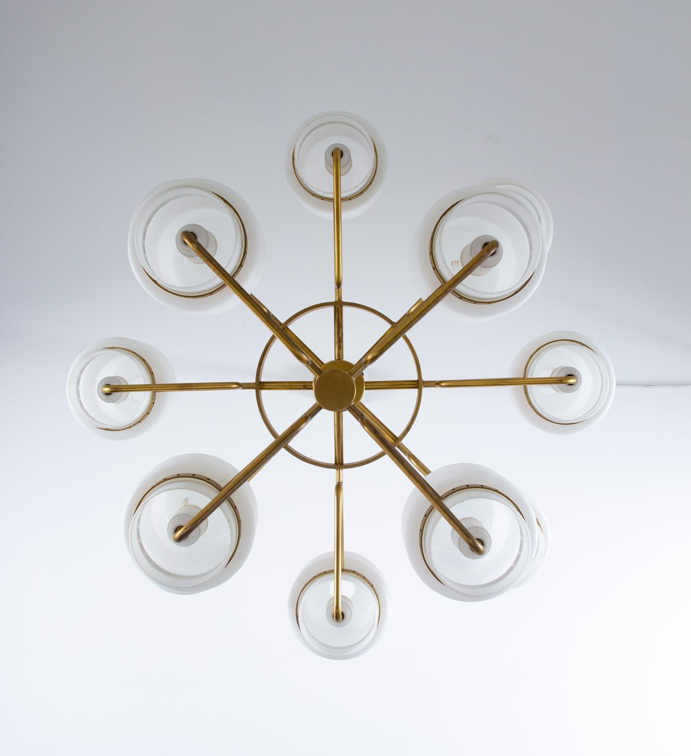 Large Swedish Midcentury Chandeliers in Brass and Frosted Opaline Glass 1