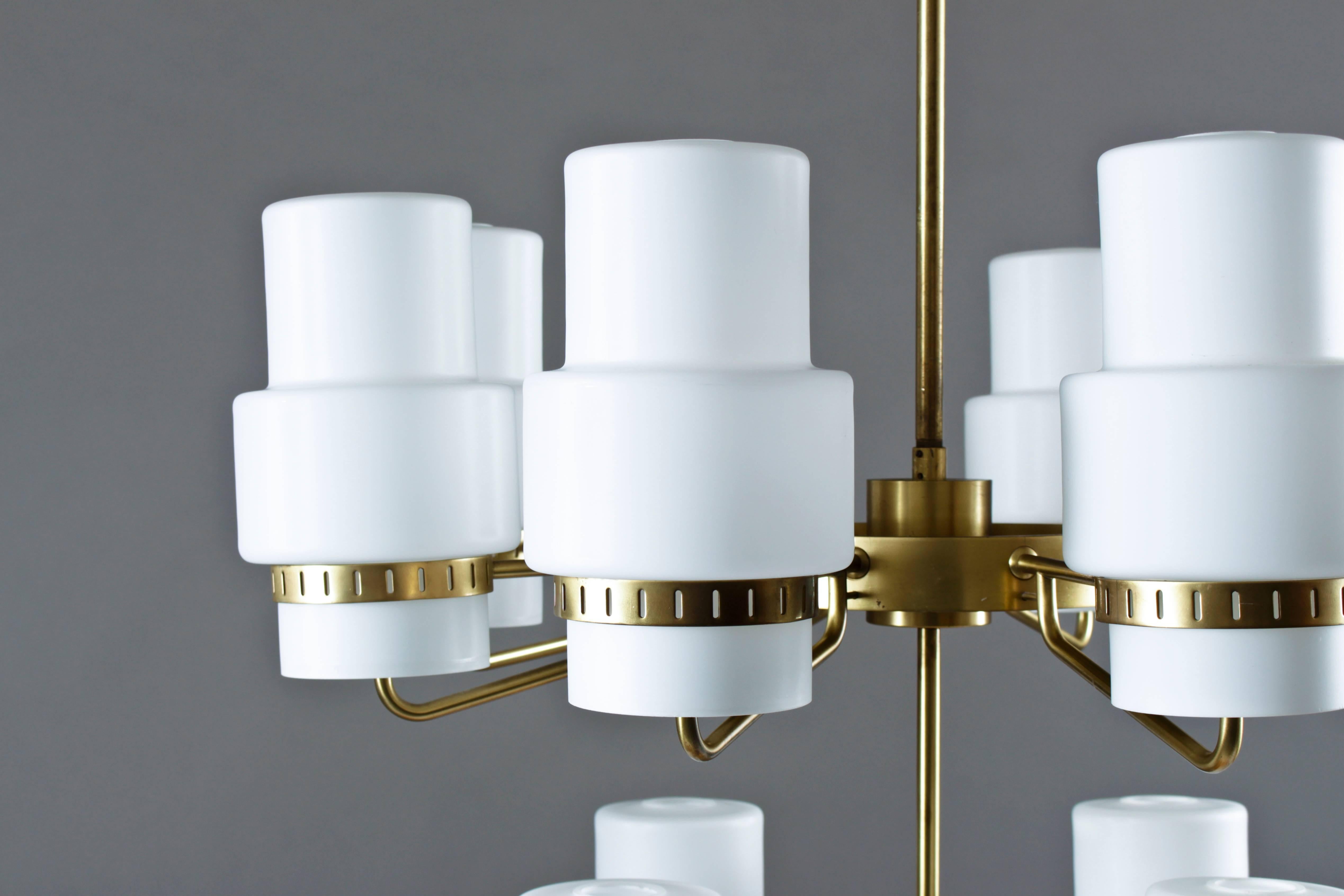 Large Swedish Midcentury Chandeliers in Brass and Frosted Opaline Glass 2