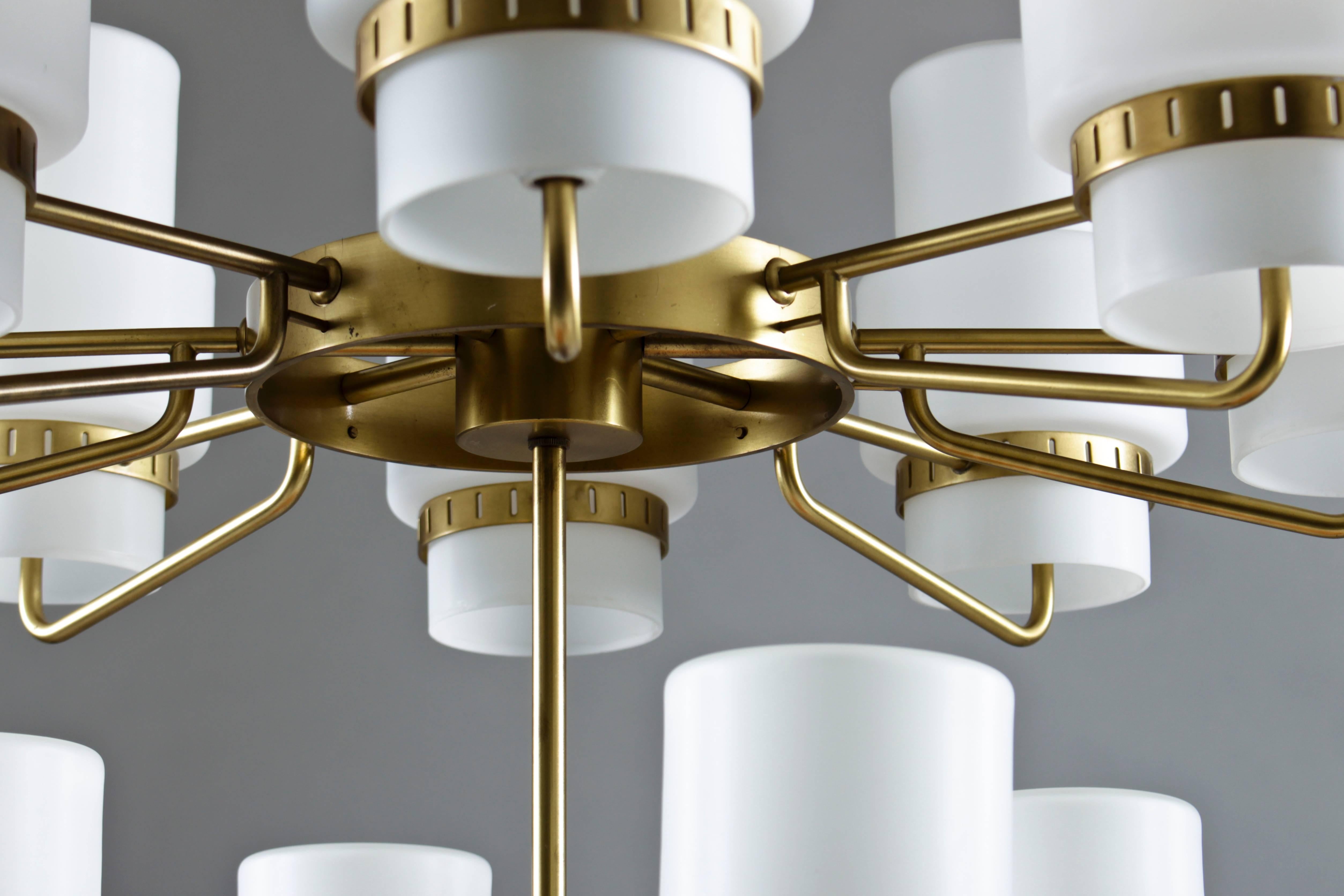 Large Swedish Midcentury Chandeliers in Brass and Frosted Opaline Glass 3