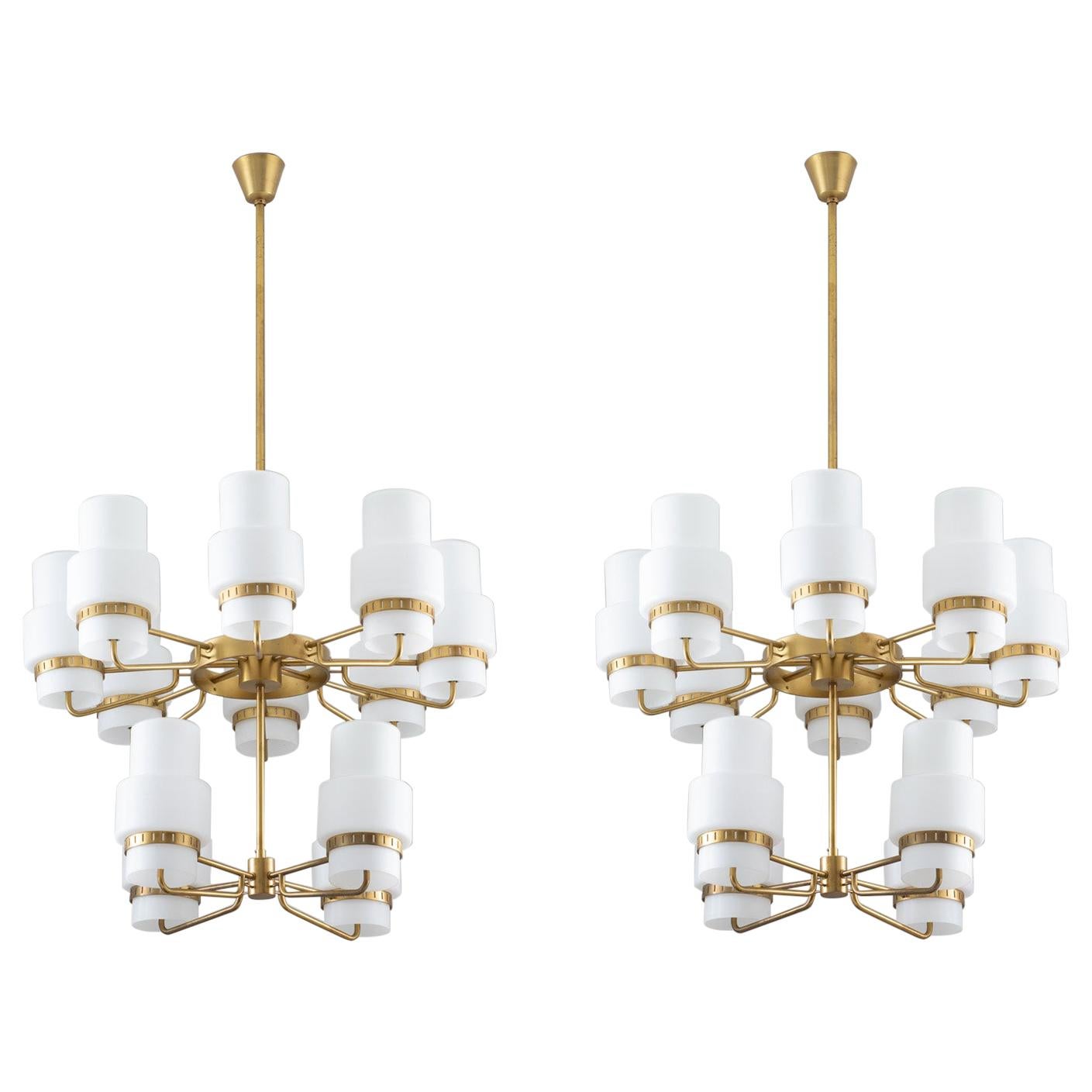 Large Swedish Midcentury Chandeliers in Brass and Frosted Opaline Glass