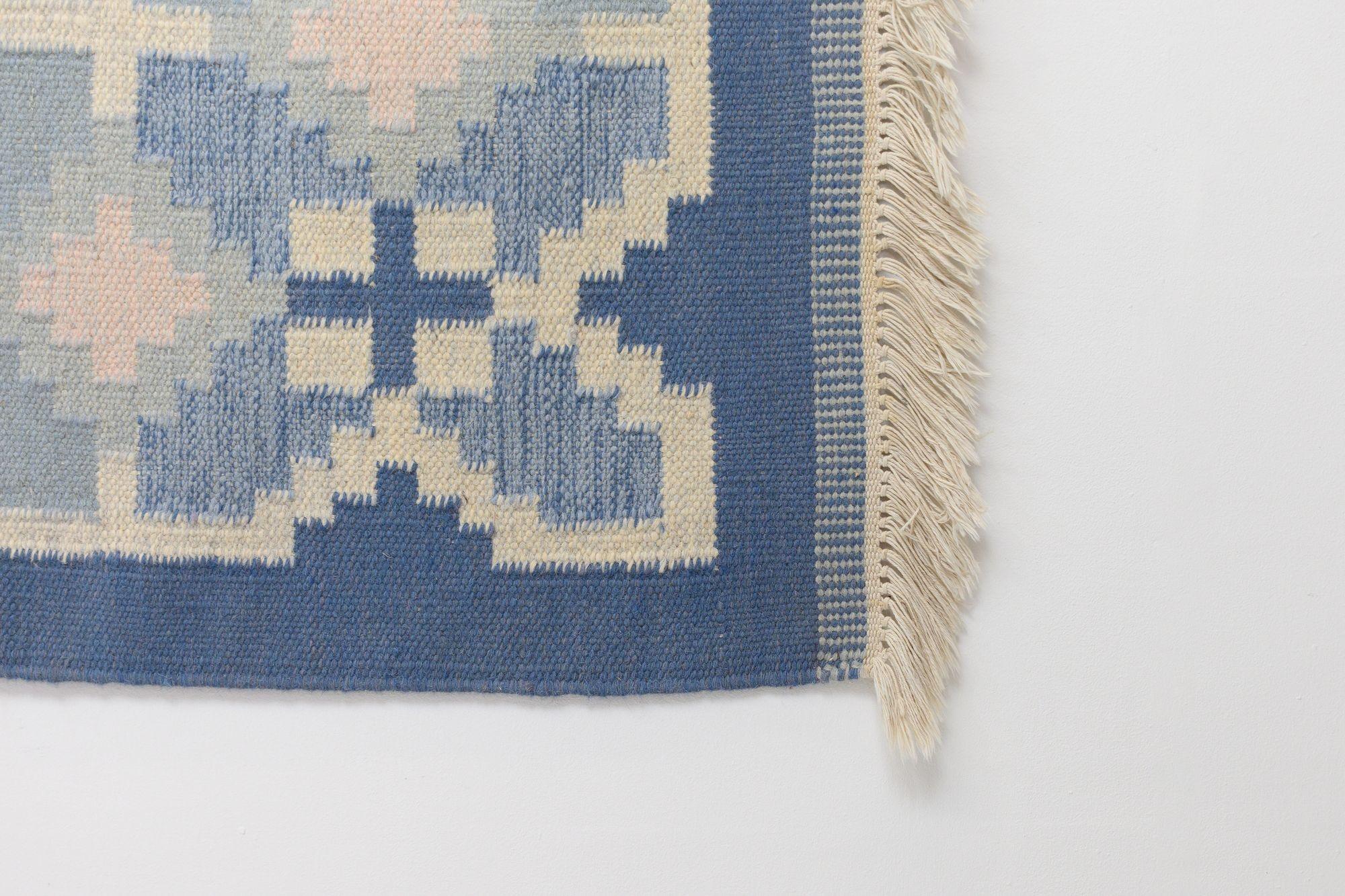 Mid-20th Century Large Swedish Mid-Century Kilim in Tones of Blue and Cream For Sale