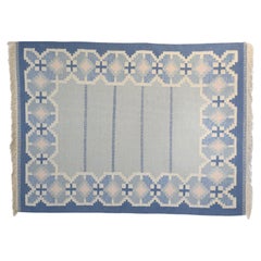 Large Swedish Mid-Century Kilim in Tones of Blue and Cream