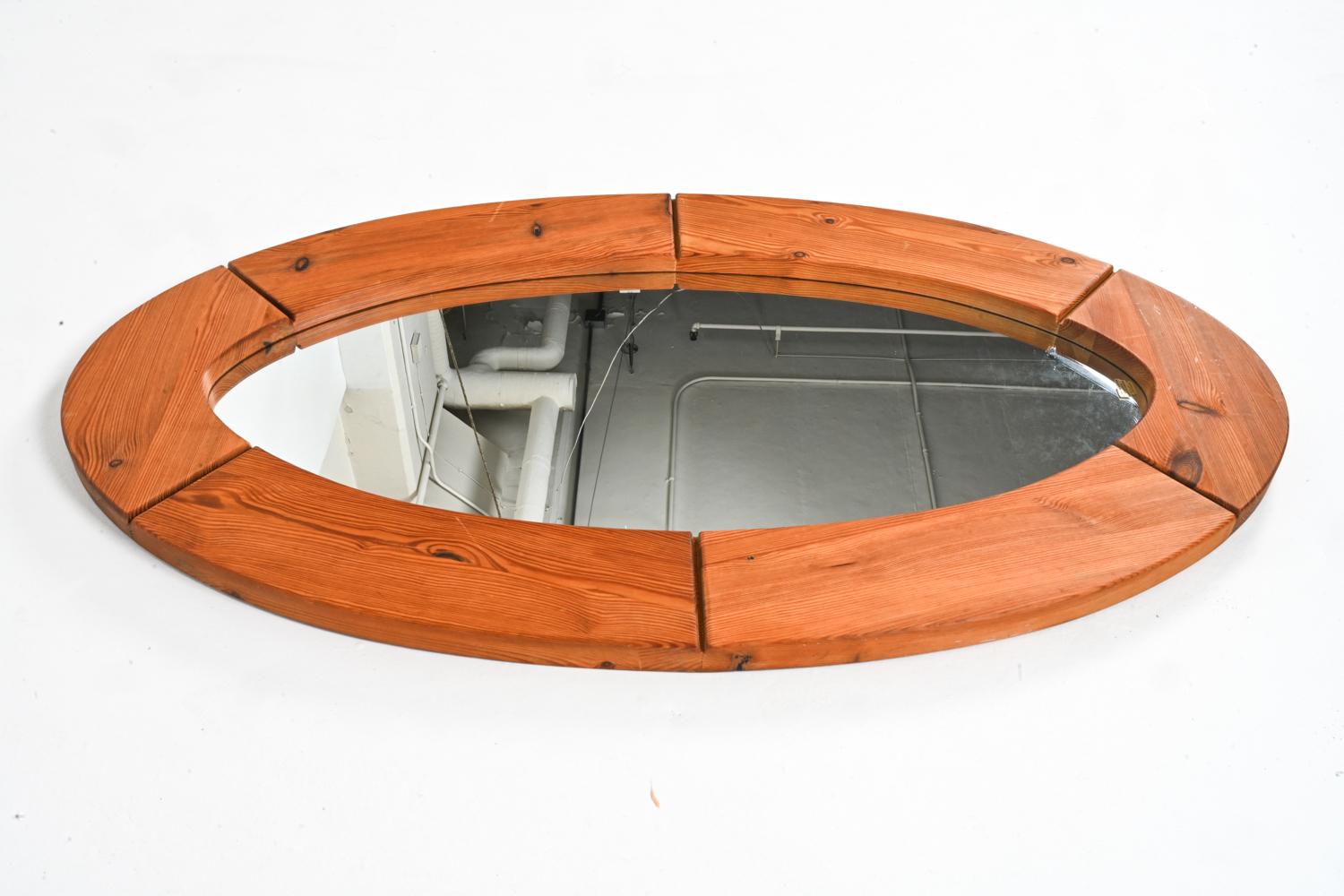 Large Swedish Modern Oval Mirror in Solid Pine; Glasmäster Markaryd, c. 1960's For Sale 4