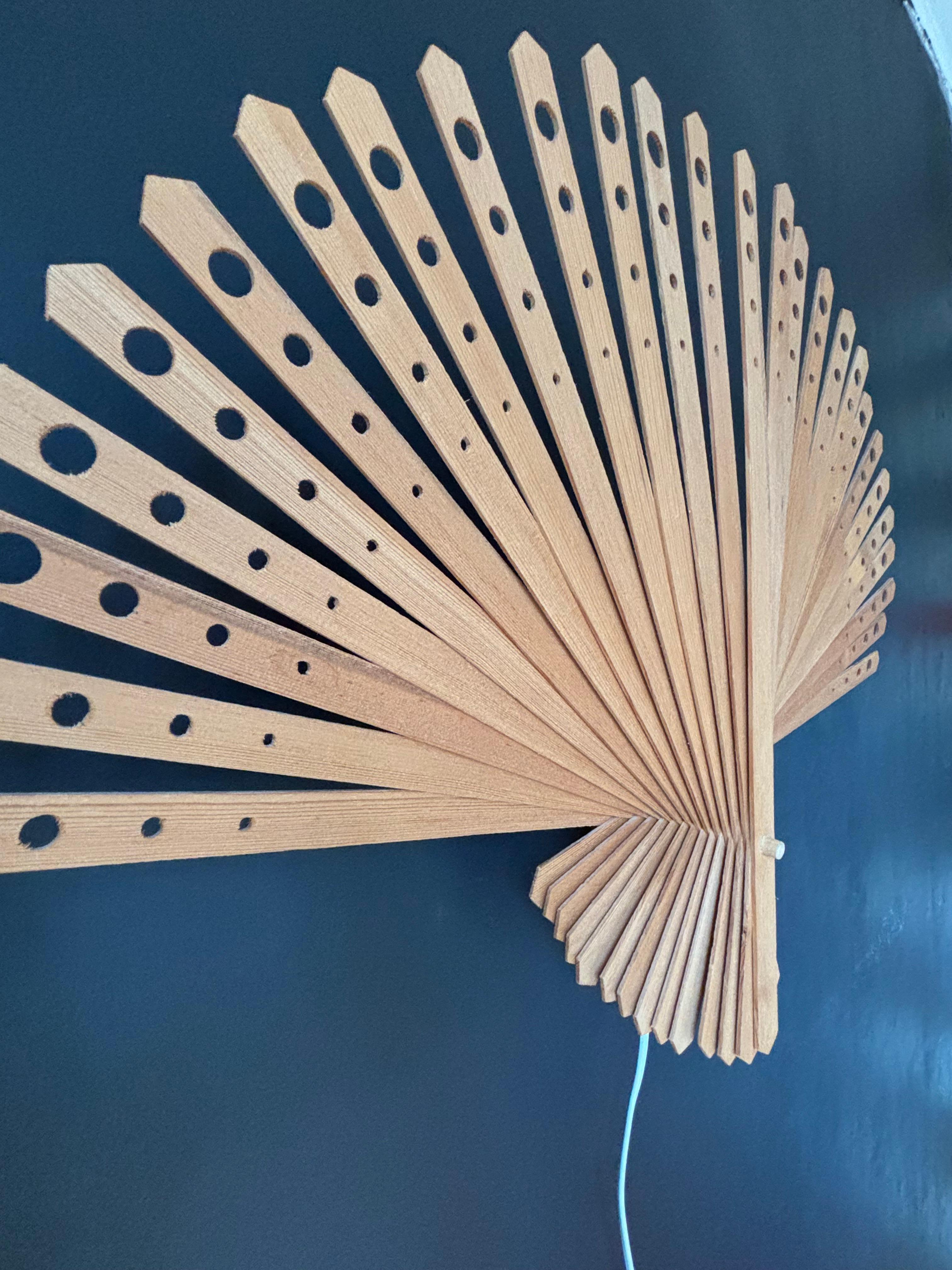 20th Century Large Swedish Modern Pine Wood Fan Wall Light, 1970s For Sale