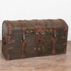 Large Swedish Oak Trunk with Original Green Painted Finish, Dated 1785