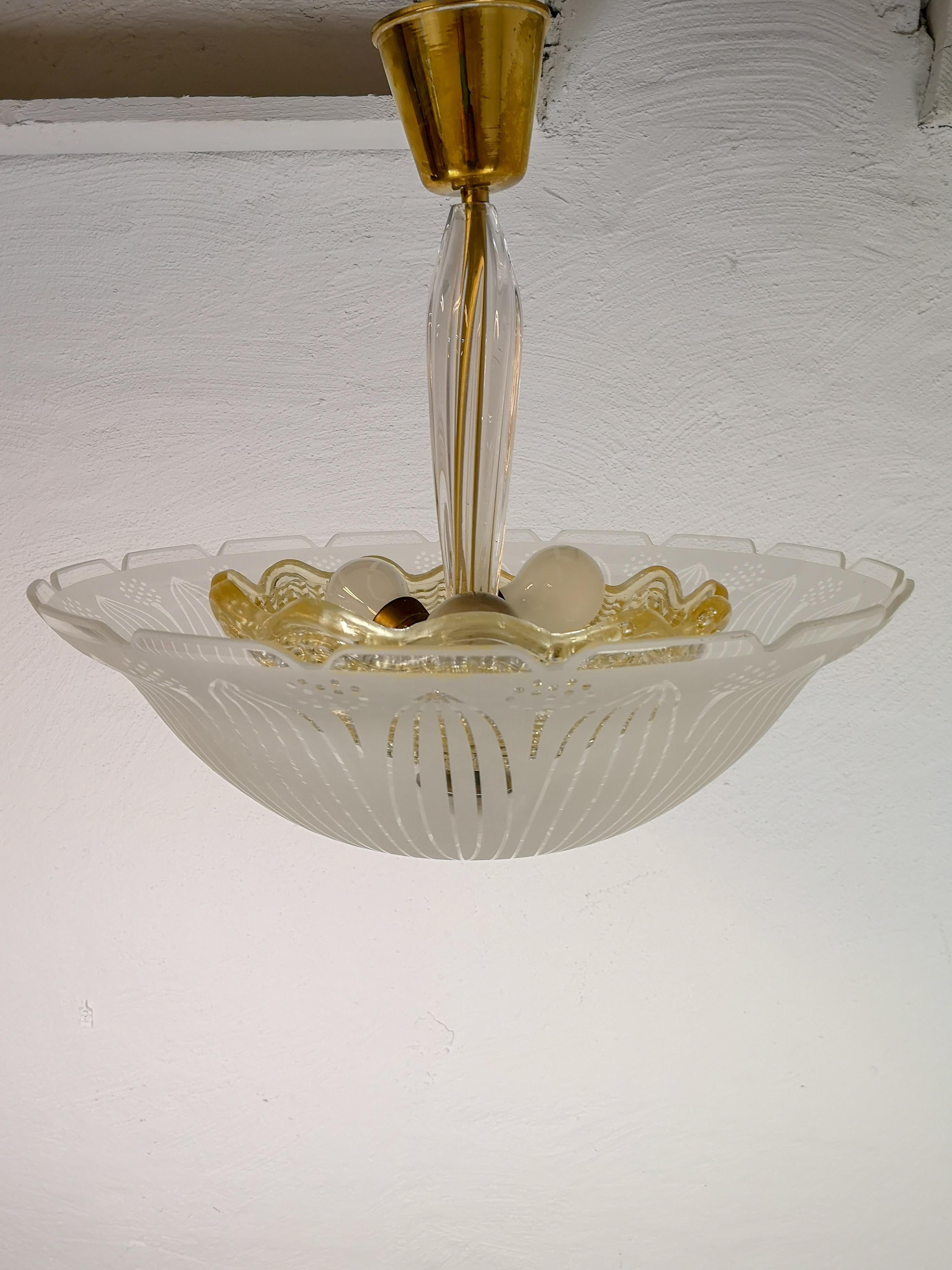 Large Swedish Orrefors Textured Glass Ceiling Fixture In Good Condition For Sale In Hillringsberg, SE